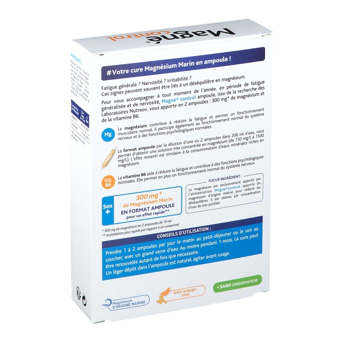 Rückseite der Schachtel mit Magne® control. Enthält Informationen zu Inhaltsstoffen und Anwendung.