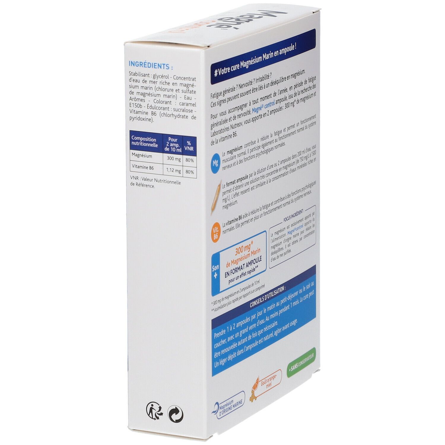 Rückseite der Schachtel mit Magne® control. Enthält Informationen zu Inhaltsstoffen und Anwendung.