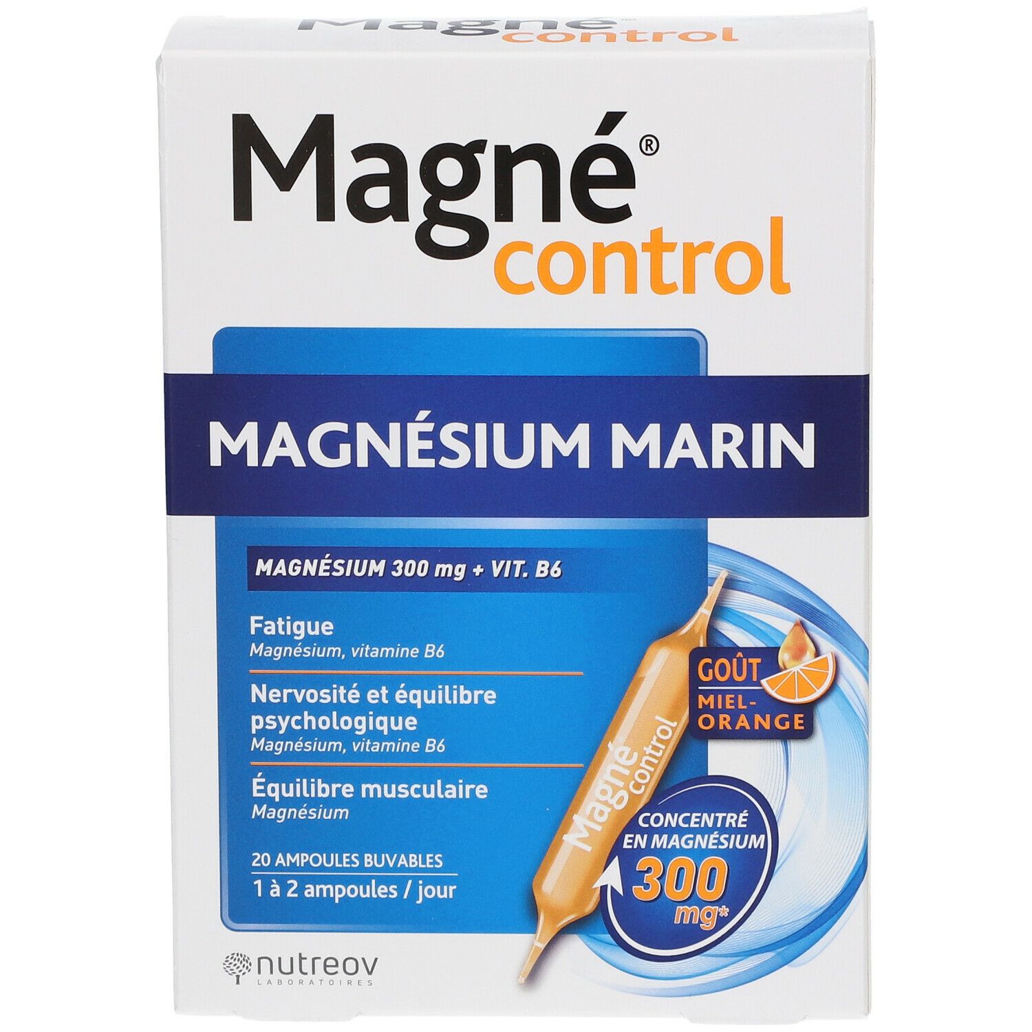 Schachtel mit Magne® control Marines Magnesium 300 mg. Enthält 20 Trinkampullen. Orange-Honig-Geschmack.
