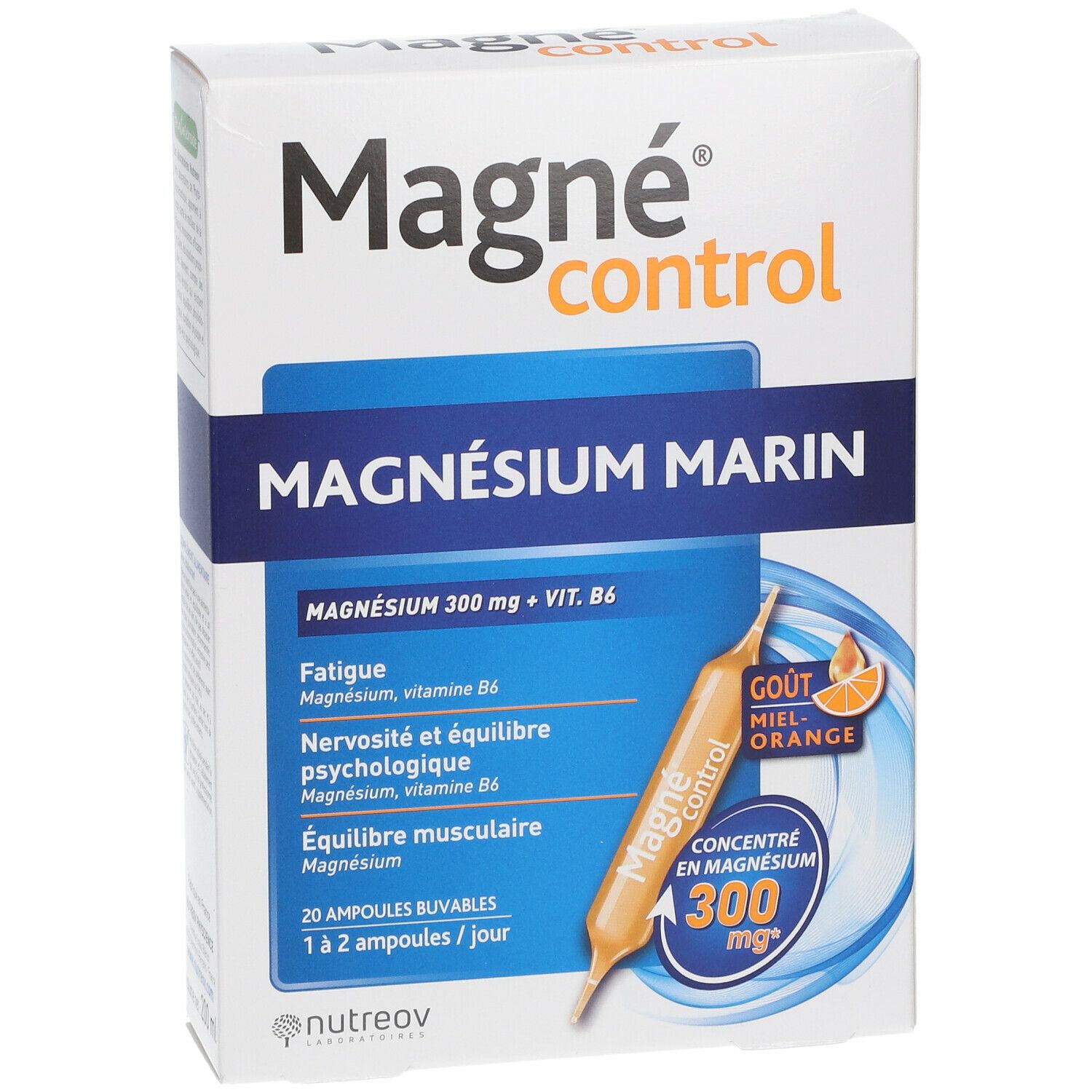 Schachtel mit Magne® control Marines Magnesium 300 mg. Enthält 20 Trinkampullen. Orange-Honig-Geschmack.