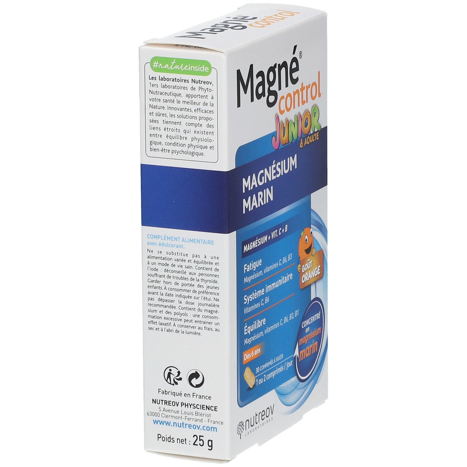 Vue latérale boîte Nutreov Magné Control Junior. Contient Magnésium Marin. Poids net: 25g.