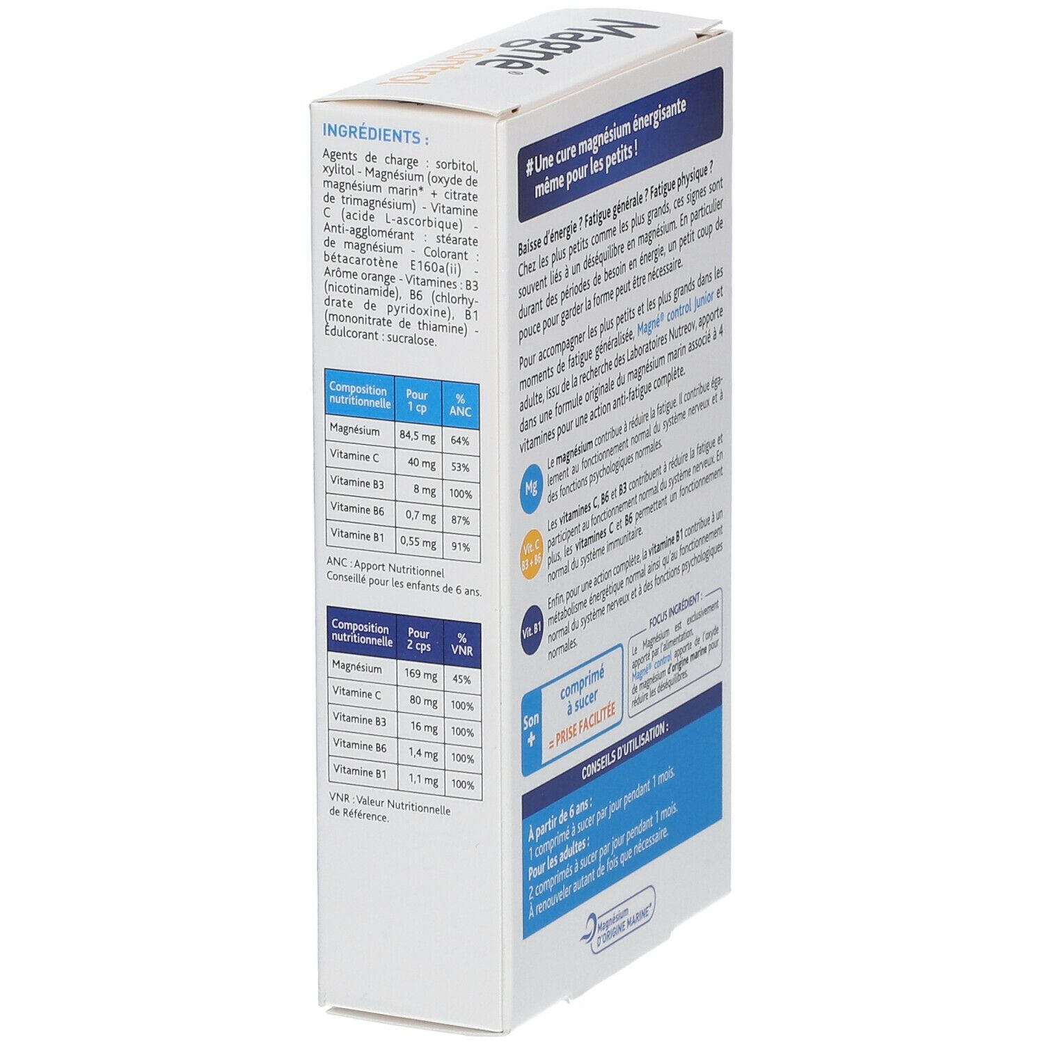 Détail dos boîte Nutreov Magné Control Junior. Informations nutritionnelles par comprimé.