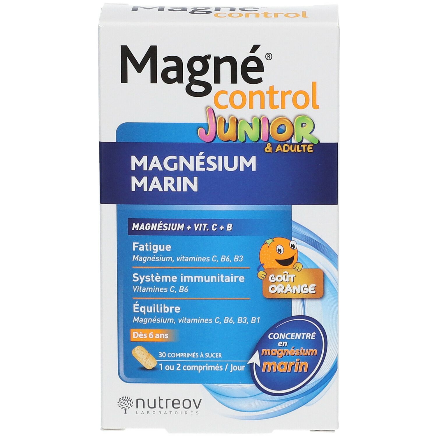 Vue avant boîte Nutreov Magné Control Junior. Contient Magnésium Marin, Vitamine C et B. Logo orange.