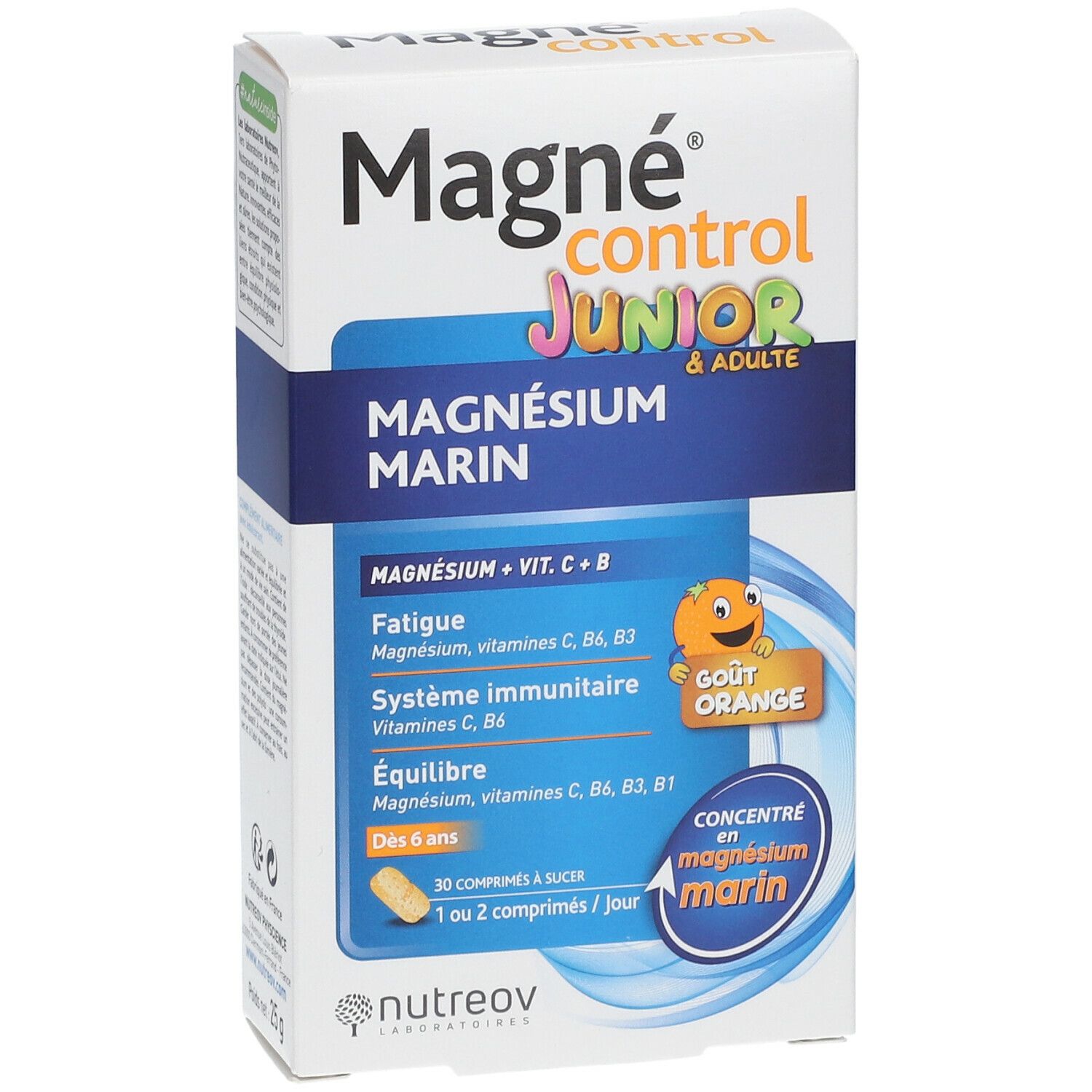 Vue avant boîte Nutreov Magné Control Junior. Contient Magnésium Marin, Vitamine C et B. Logo orange.