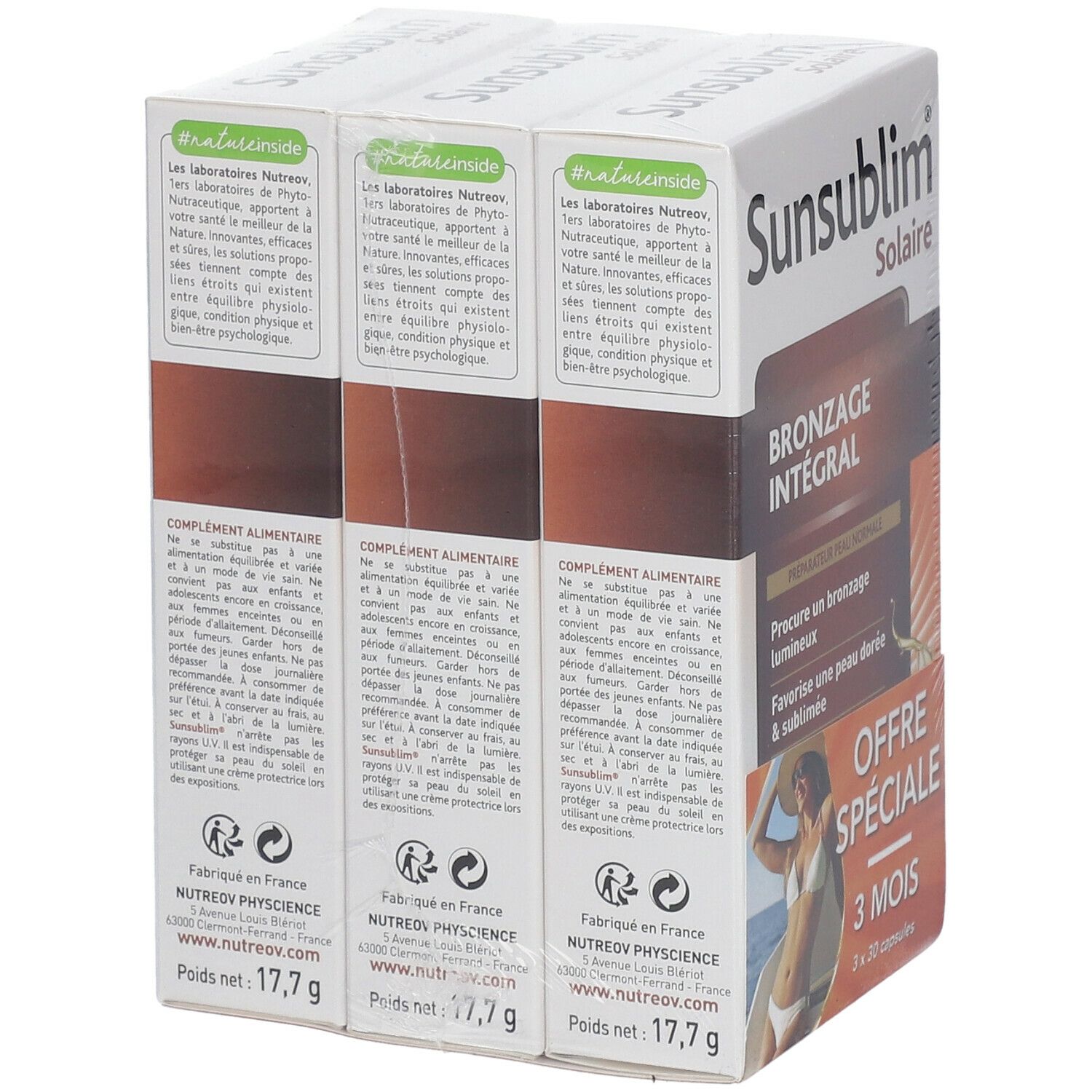 Rückseite der Sunsublim-Verpackung mit Text und Inhaltsstoffen. Enthält Informationen zu Nutreov Physcience.