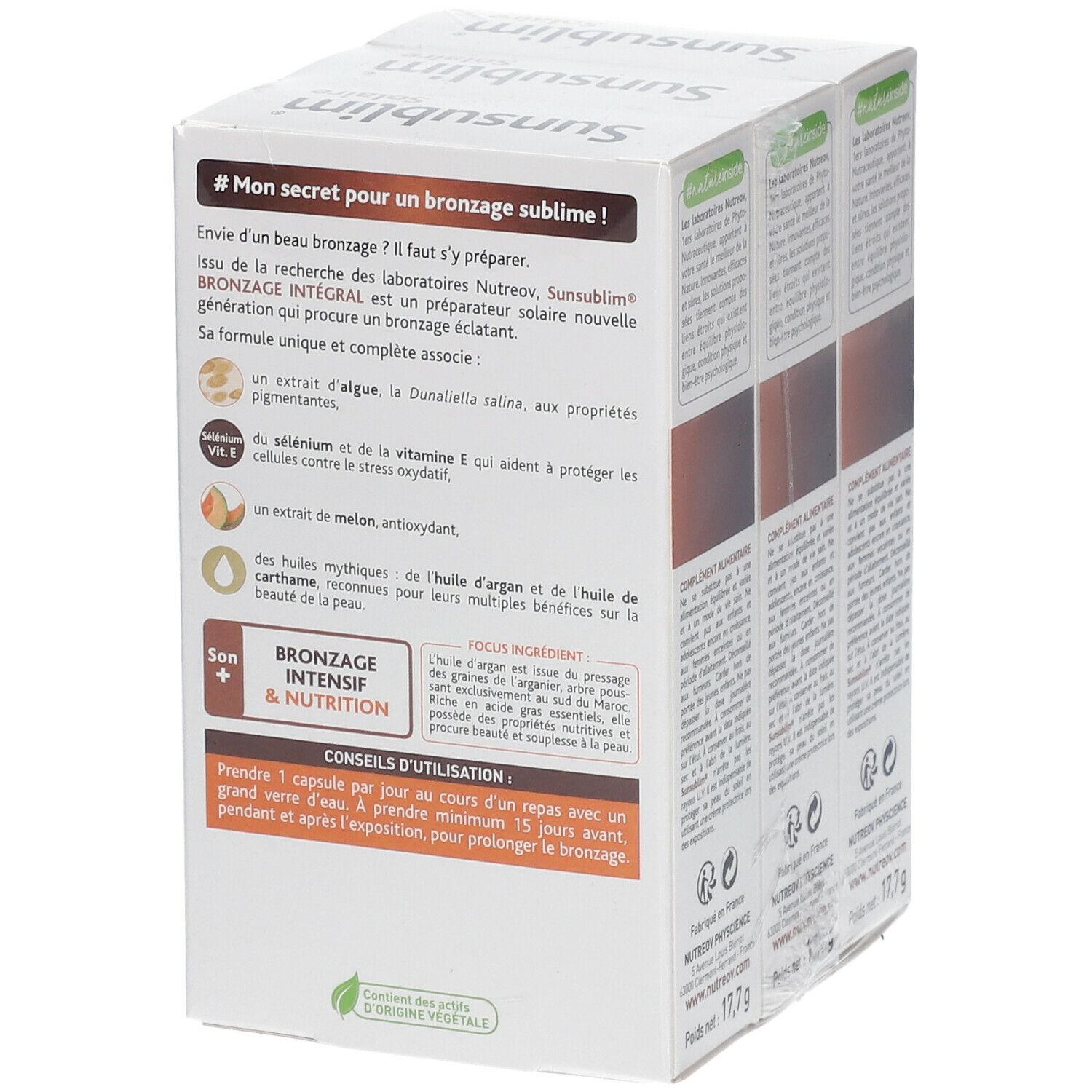 Seite der Sunsublim-Verpackung mit Text: #Mon secret pour un bronzage sublime! Enthält Informationen zu Inhaltsstoffen.