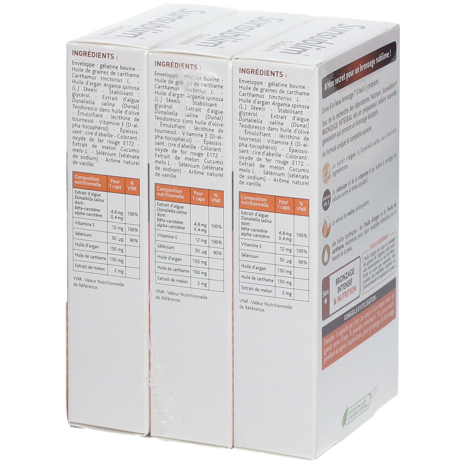 Rückseite der Sunsublim-Verpackung mit Inhaltsstoffangaben. Enthält Informationen zu den Inhaltsstoffen pro Kapsel.