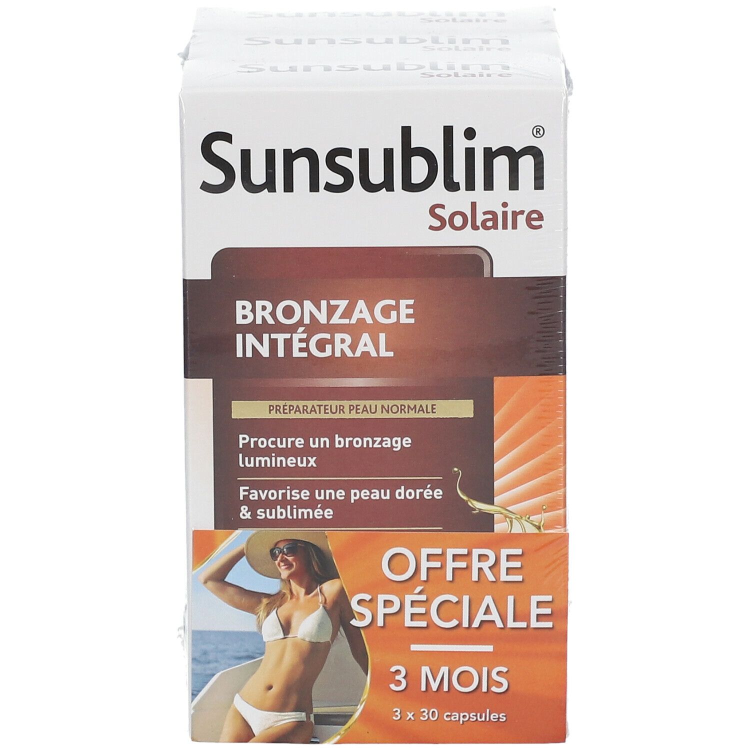 Vorderseite der Sunsublim-Verpackung mit Text: Bronzage Intégral, Offre Spéciale, 3 Mois. Enthält 3 x 30 Kapseln.