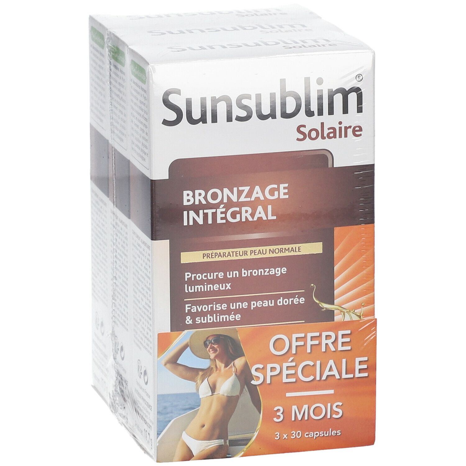 Sunsublim-Verpackung mit Text: Bronzage Intégral, Offre Spéciale, 3 Mois. Enthält 3 x 30 Kapseln.