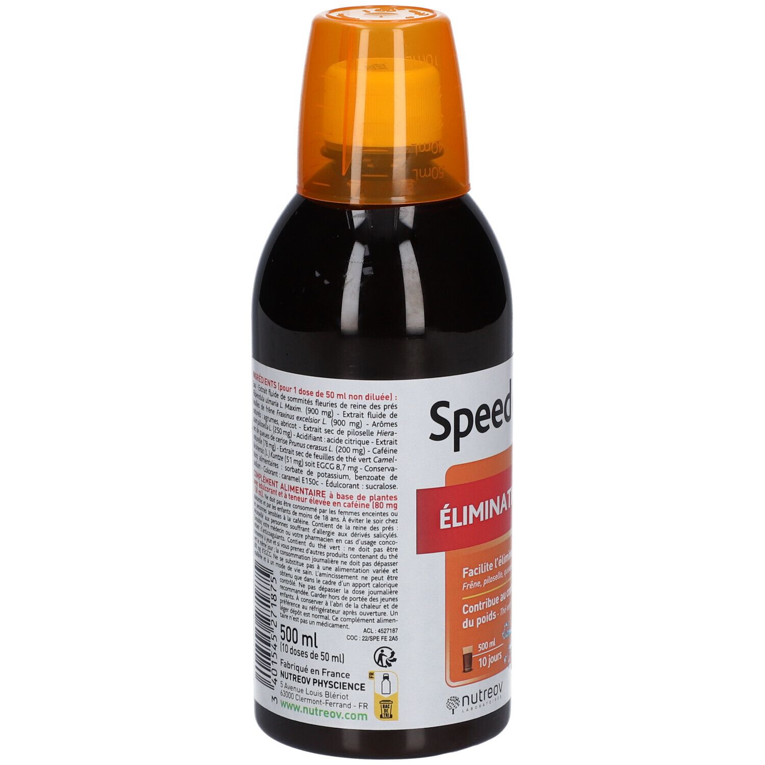 Bouteille marron avec bouchon orange. Dos avec texte. Ingrédients, informations nutritionnelles. 500 ml.