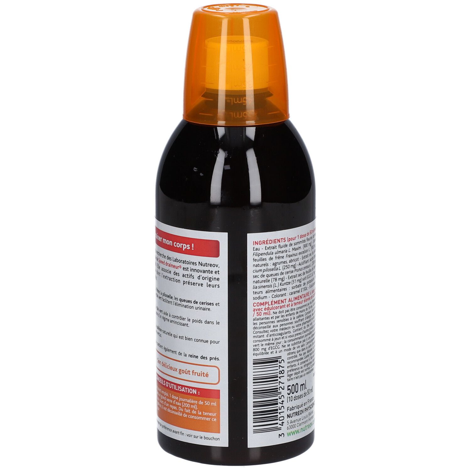Bouteille marron avec bouchon orange. Dos avec texte. Ingrédients, informations nutritionnelles. 500 ml.