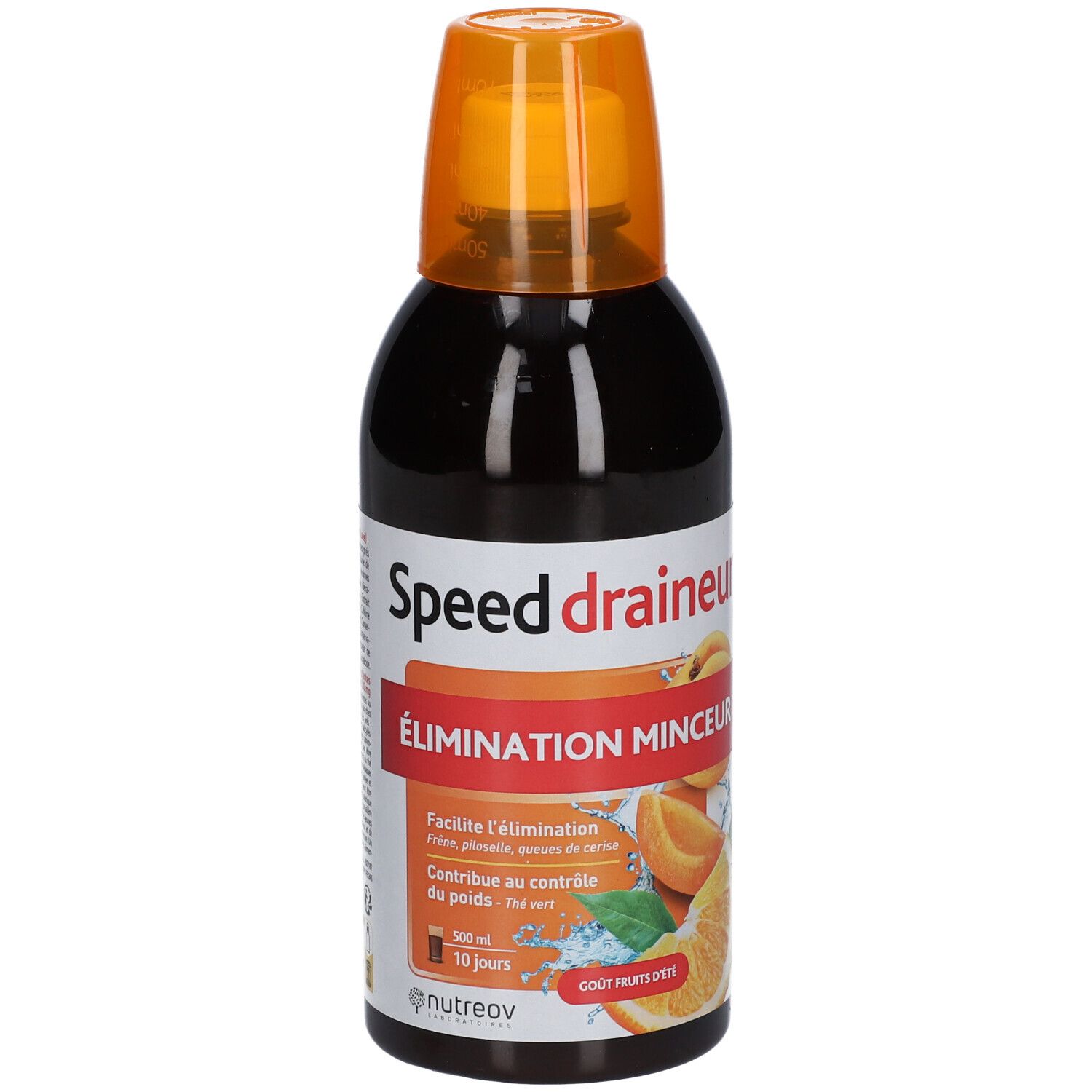 Bouteille marron avec bouchon orange. Inscription "Speed draineur". Illustration de fruits. "Gout fruits d'été".