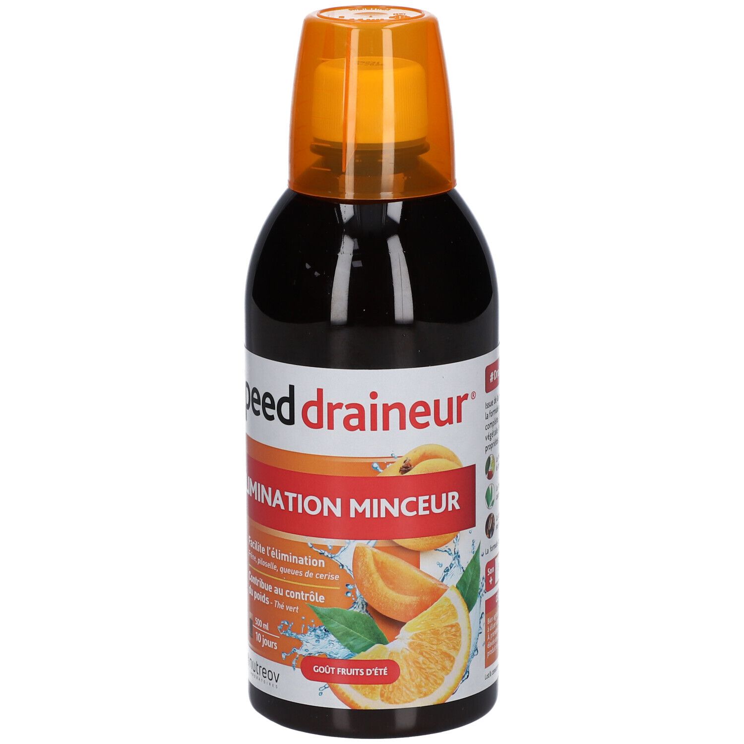 Bouteille marron avec bouchon orange. Inscription "Speed draineur". Illustration de fruits. "Gout fruits d'été".