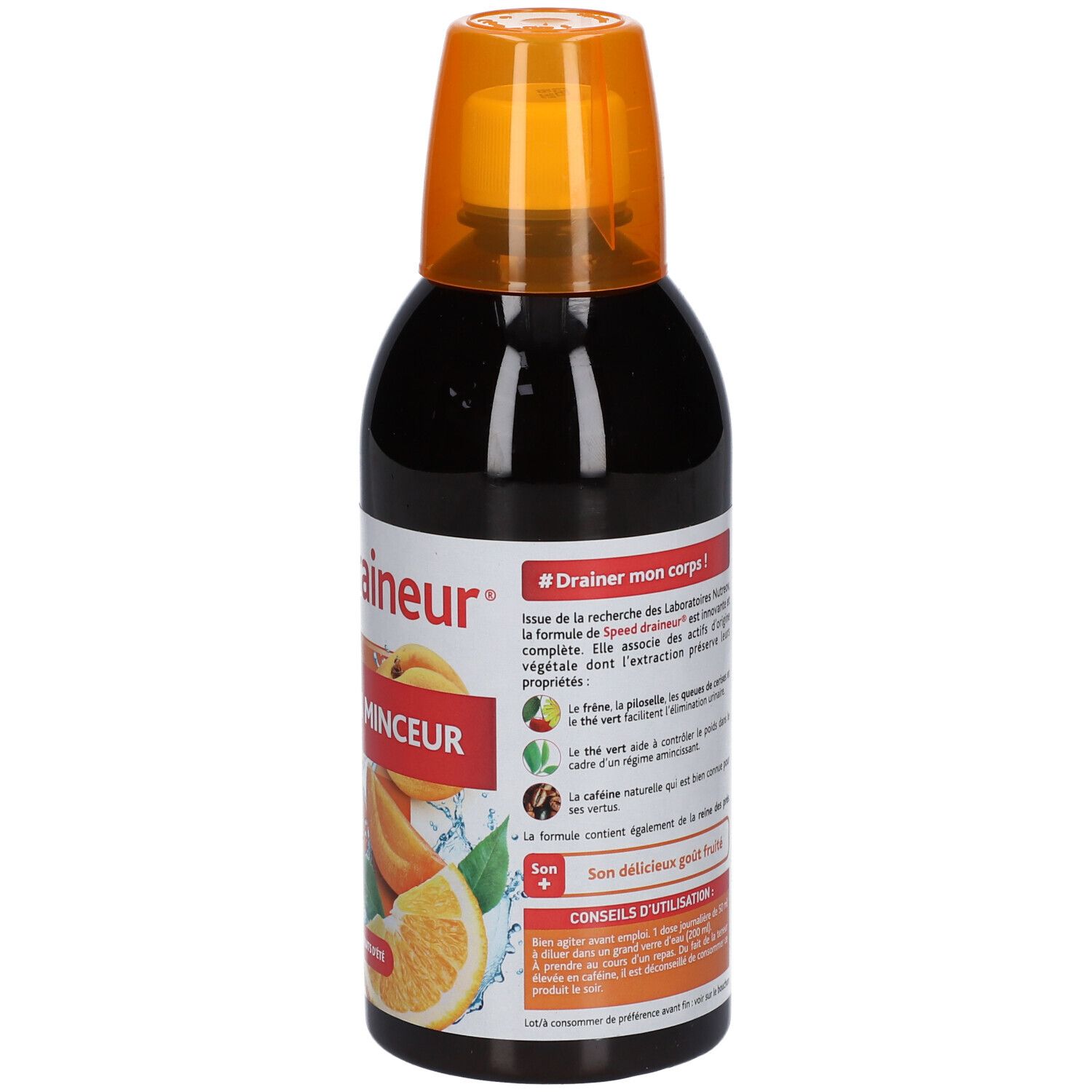 Bouteille marron avec bouchon orange. Inscription "Speed draineur". Illustration de fruits. "Gout fruits d'été".