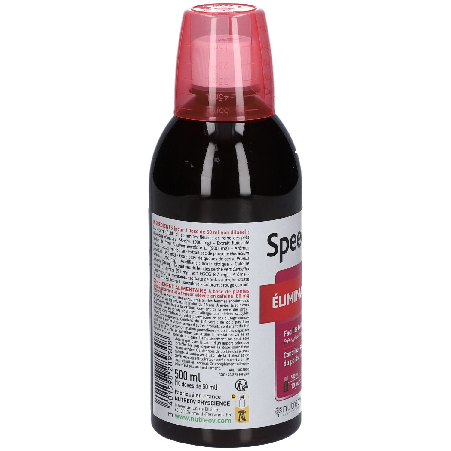 Dos d'une bouteille sombre avec bouchon rose. Texte sur l'étiquette avec ingrédients et informations. Nom du produit et volume.