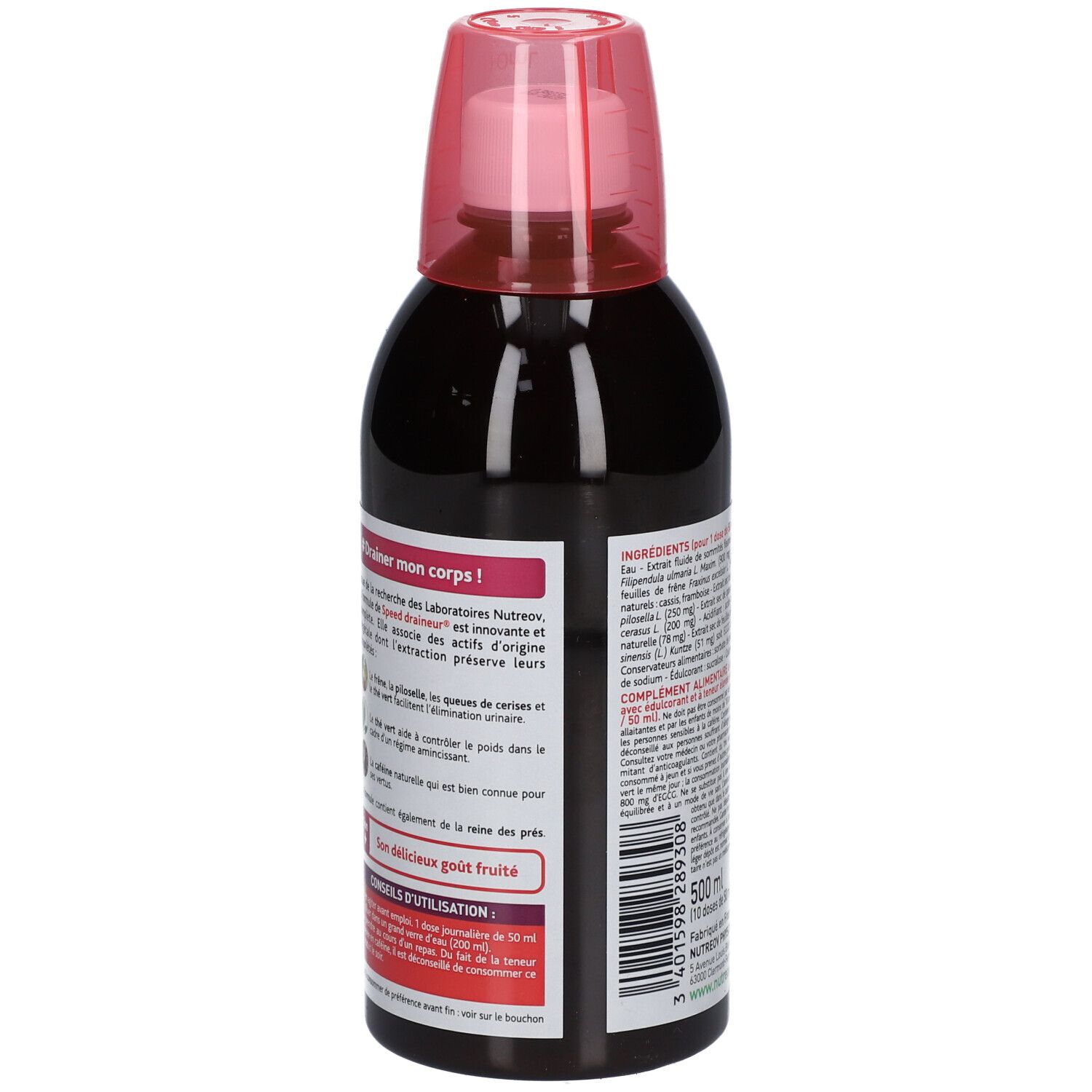 Dos d'une bouteille sombre avec bouchon rose. Texte sur l'étiquette avec informations. Nom du produit et volume. Informations fabricant.