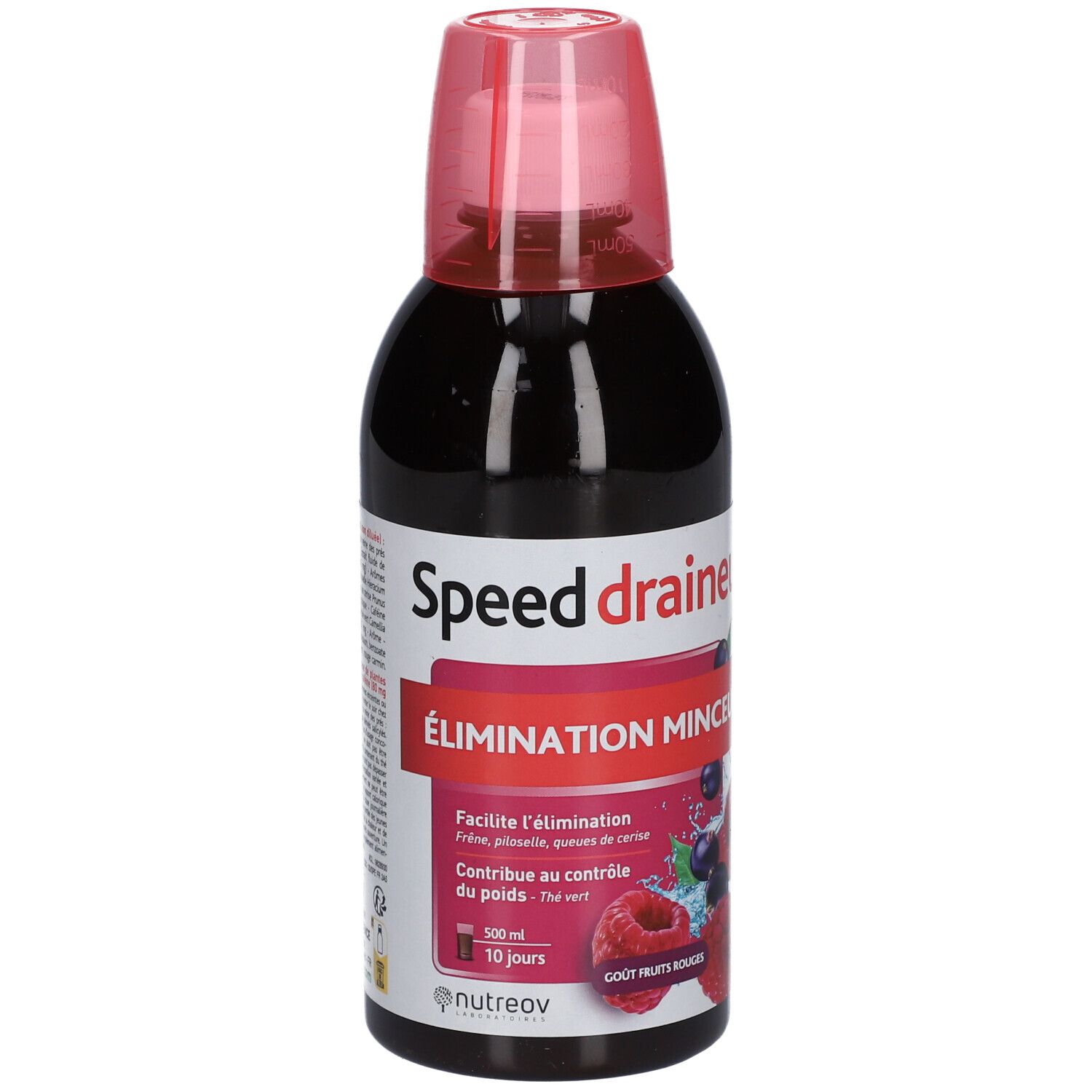 Bouteille sombre avec bouchon rose. Inscription "Speed draineur". Étiquette avec fruits rouges et texte. Nom du produit et goût.