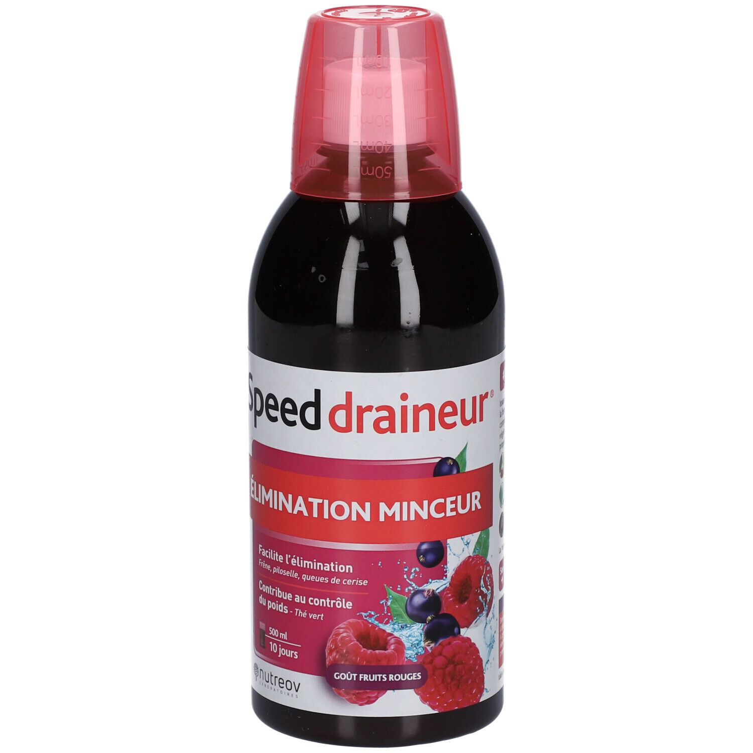 Bouteille sombre avec bouchon rose. Inscription "Speed draineur". Étiquette avec fruits rouges et texte. Nom du produit et goût.
