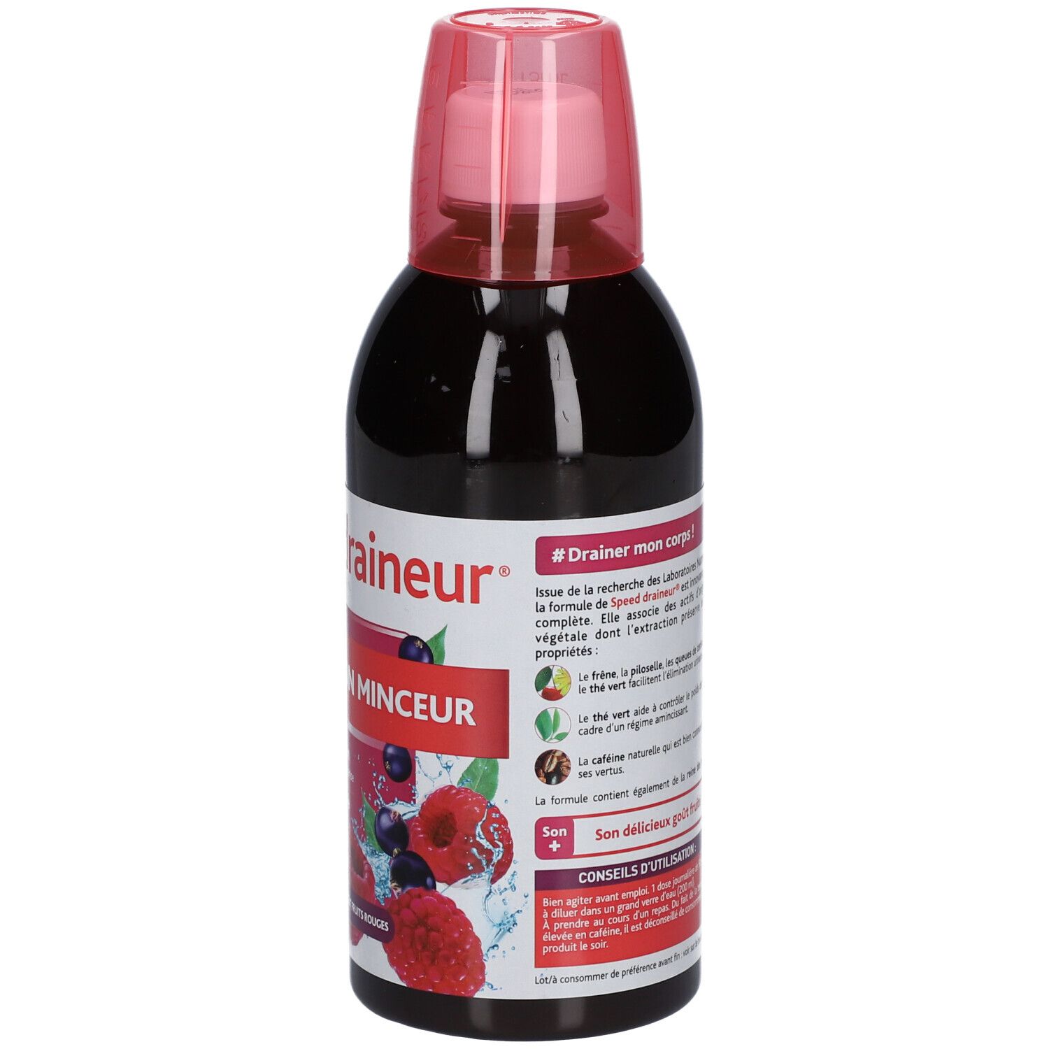 Bouteille sombre avec bouchon rose. Inscription "draineur". Étiquette avec fruits rouges et texte. Nom du produit et goût. Texte.