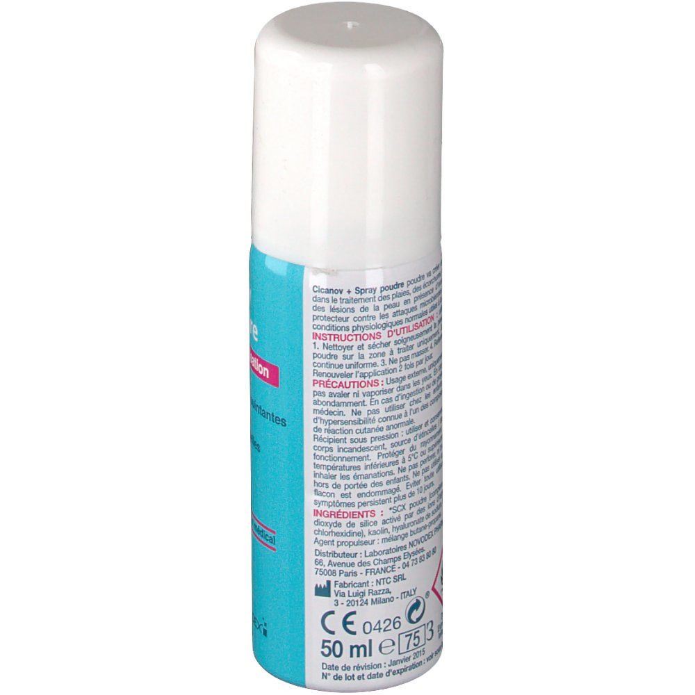 Dos du flacon spray. Étiquette turquoise et blanche avec informations sur le produit. Visible : ingrédients, mode d'emploi, informations fabricant.
