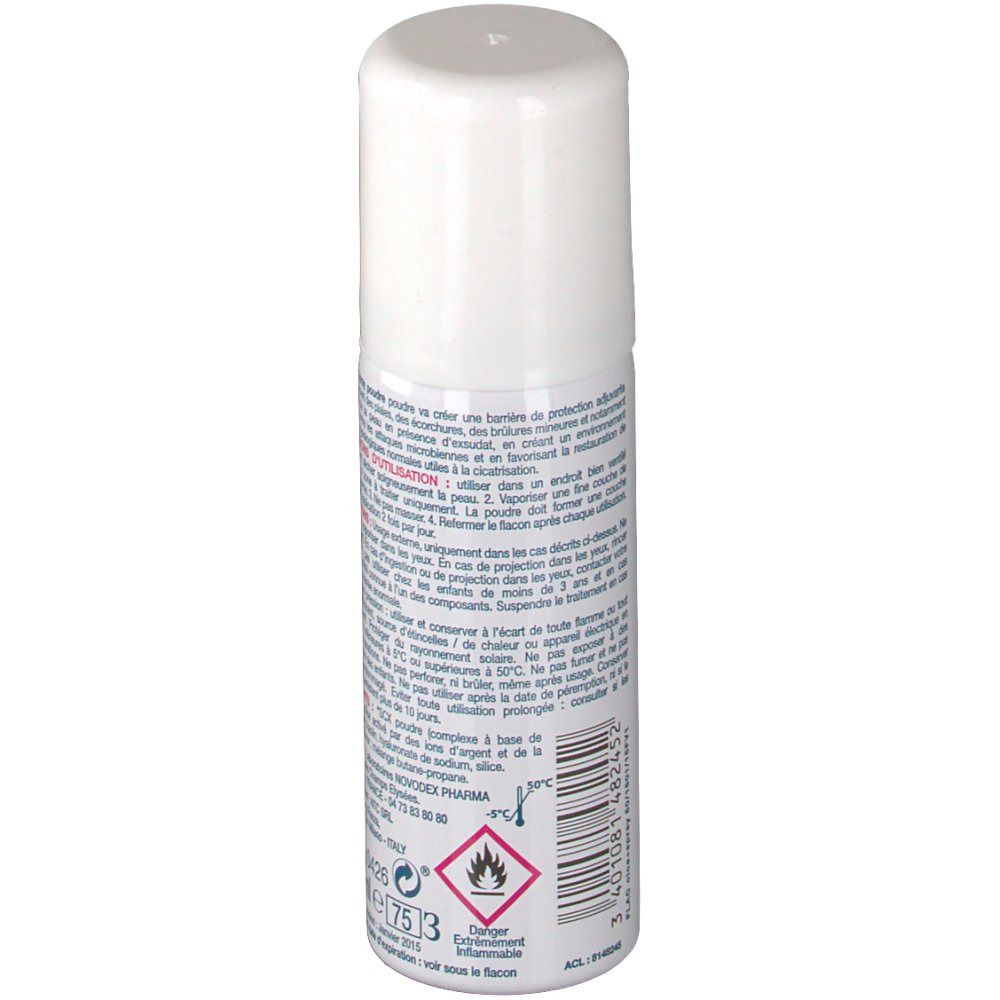 Dos du flacon spray. Étiquette blanche avec informations sur le produit. Visible : avertissements, informations fabricant, numéro de lot, symbole de danger.