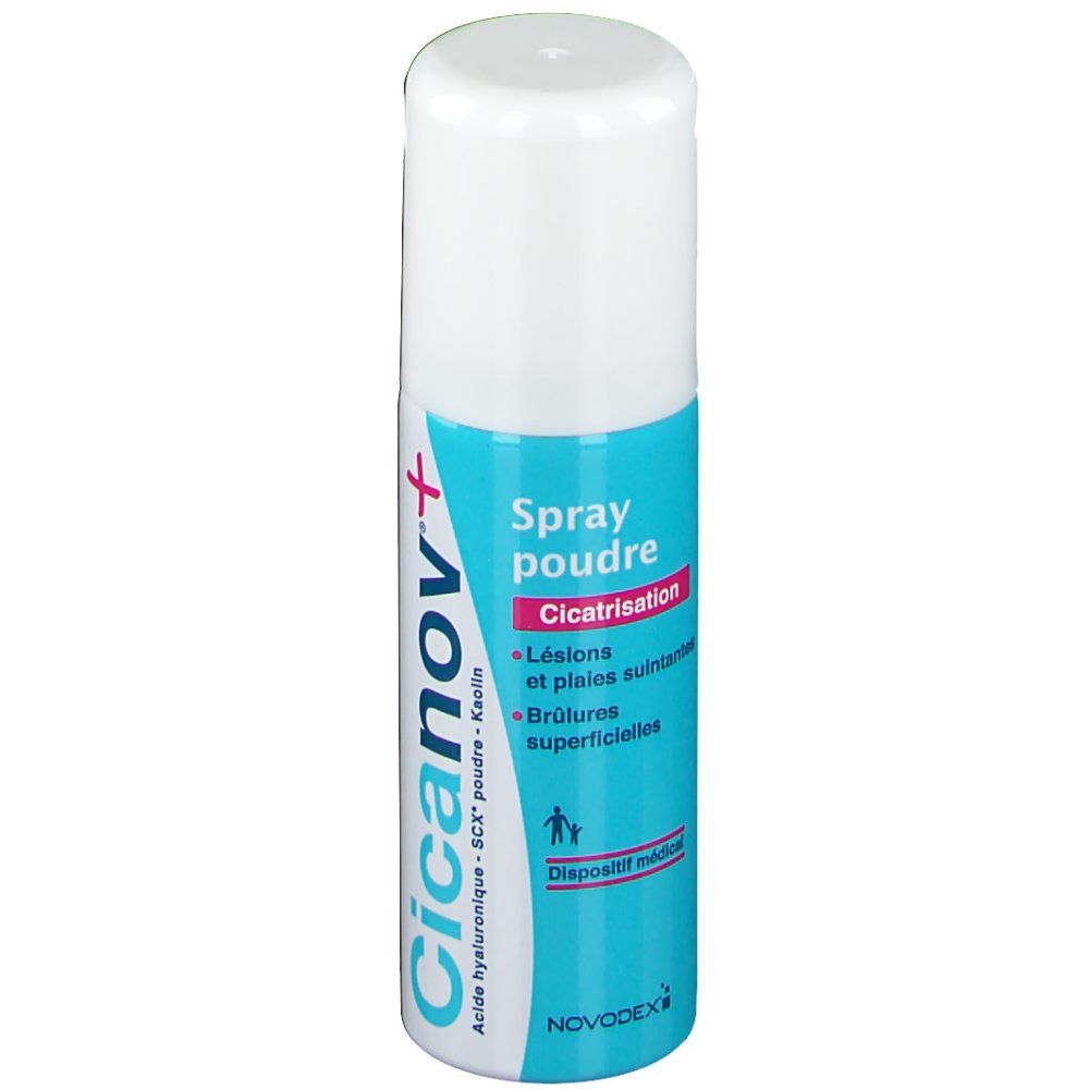 Flacon spray cylindrique, bouchon blanc. Étiquette turquoise et blanche avec nom et texte du produit. Visible : Cicanov+, Spray poudre, indications.