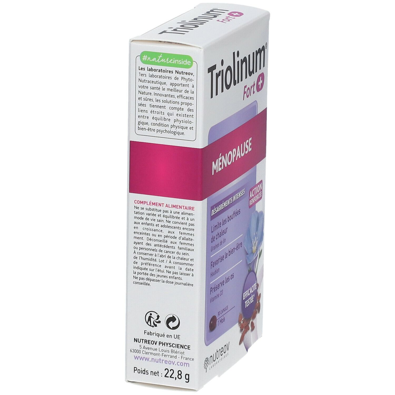 Vue latérale de la boîte Triolinum Fort Menopause. Contient des informations sur le produit et la marque.