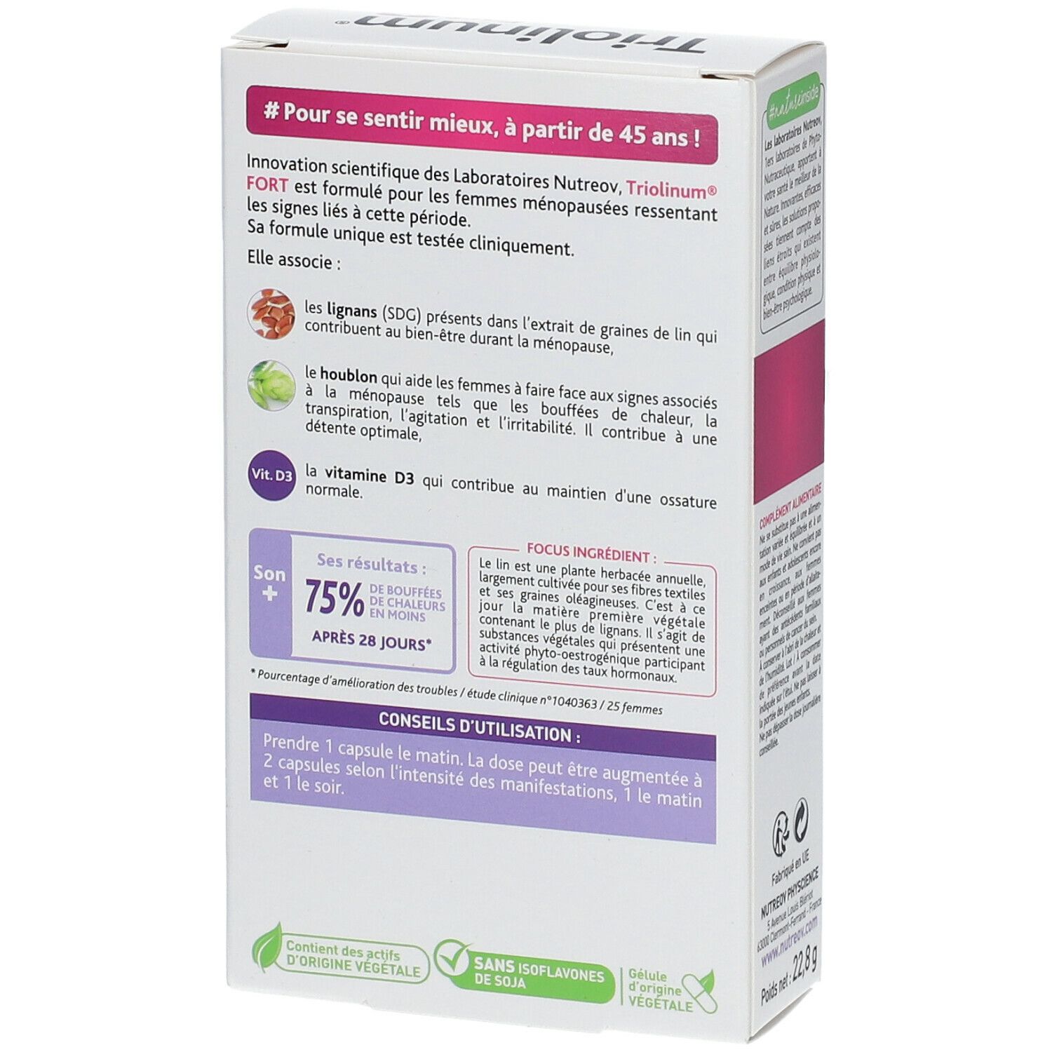 Dos de la boîte Triolinum Fort Menopause. Contient des informations sur l'utilisation et les ingrédients.