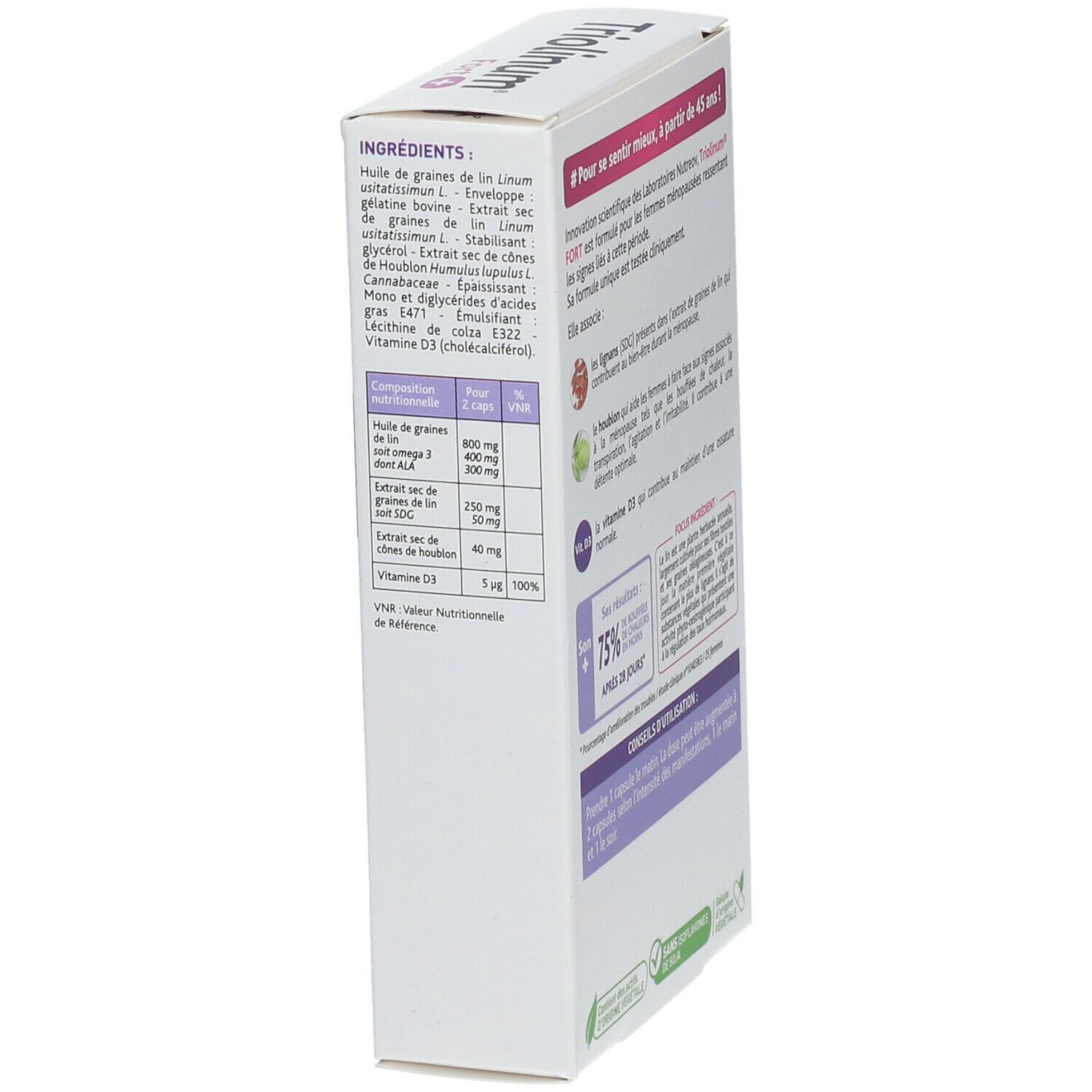Vue latérale de la boîte Triolinum Fort Menopause. Affiche les ingrédients et les informations nutritionnelles.