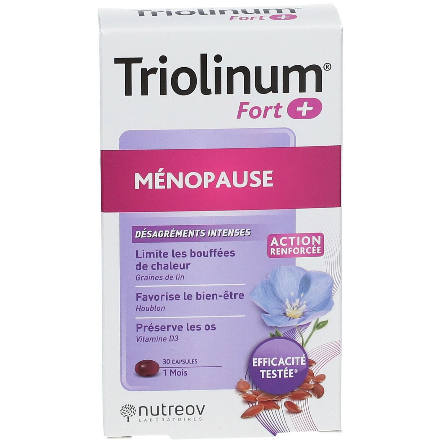 Boîte de Triolinum Fort Menopause. Blanche, avec des accents violets et roses. Contient 30 gélules.