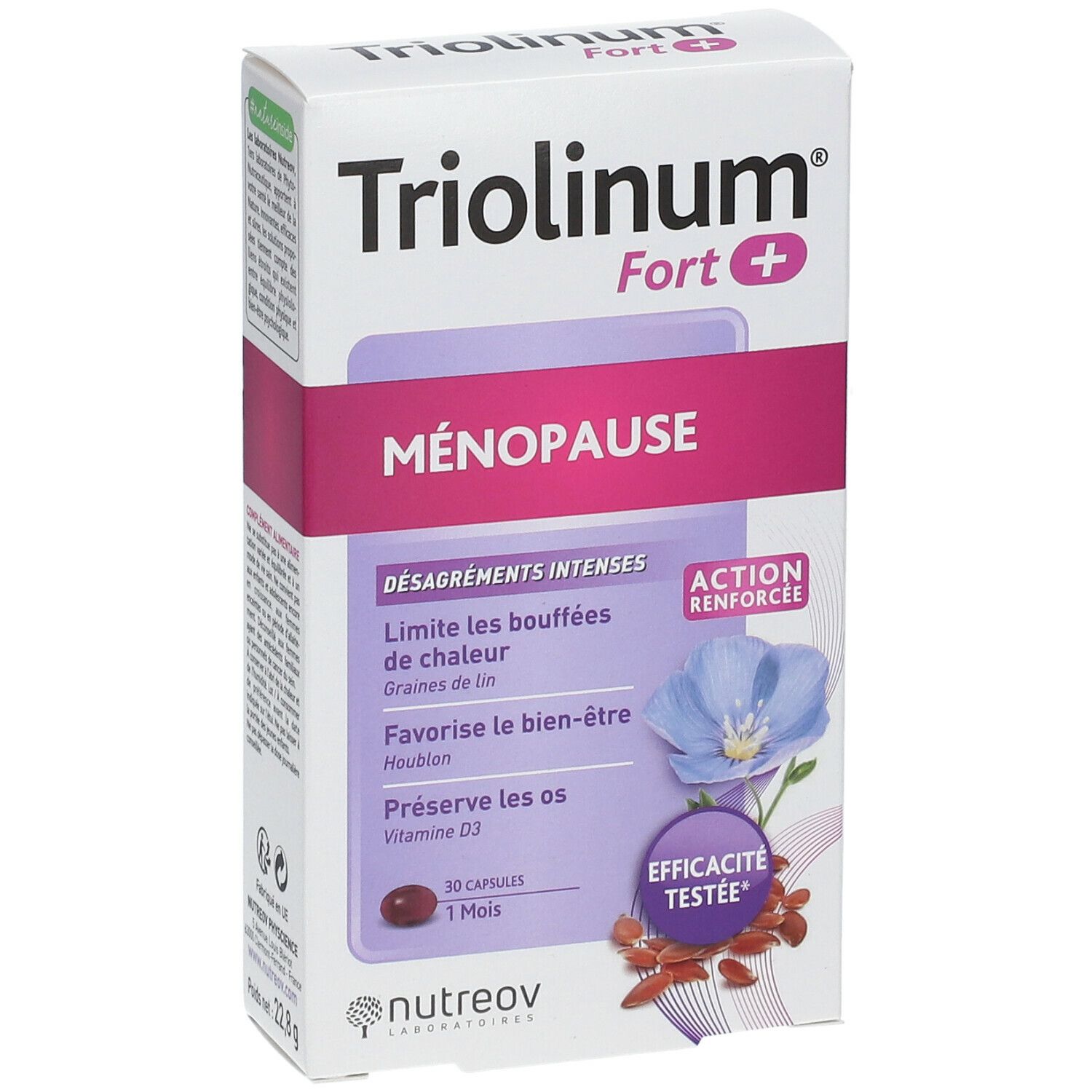 Boîte de Triolinum Fort Menopause. Blanche, avec des accents violets et roses. Contient 30 gélules.