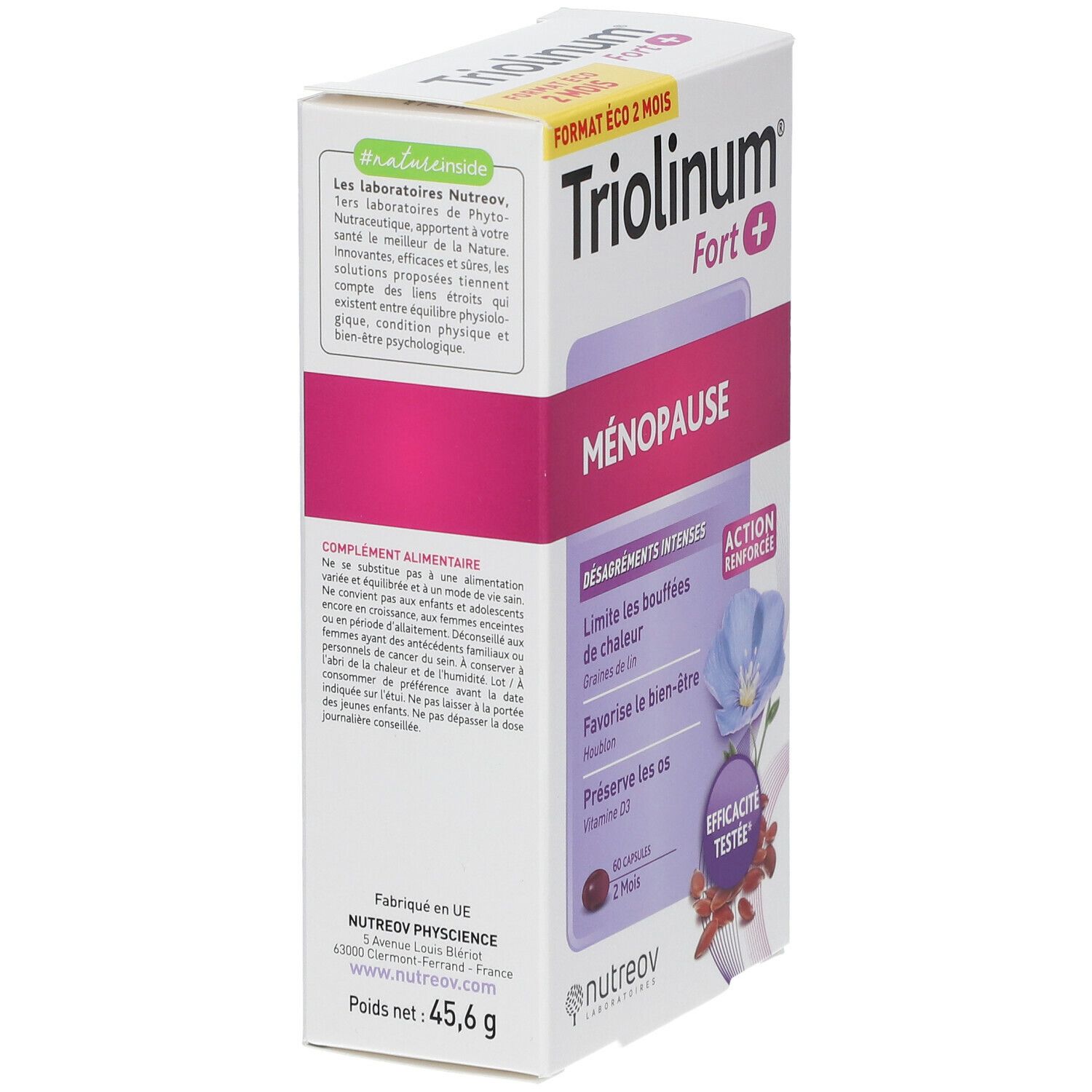 Boîte Triolinum Fort+. Produit pour la ménopause. Vue latérale. Contient des informations sur le produit et le logo.