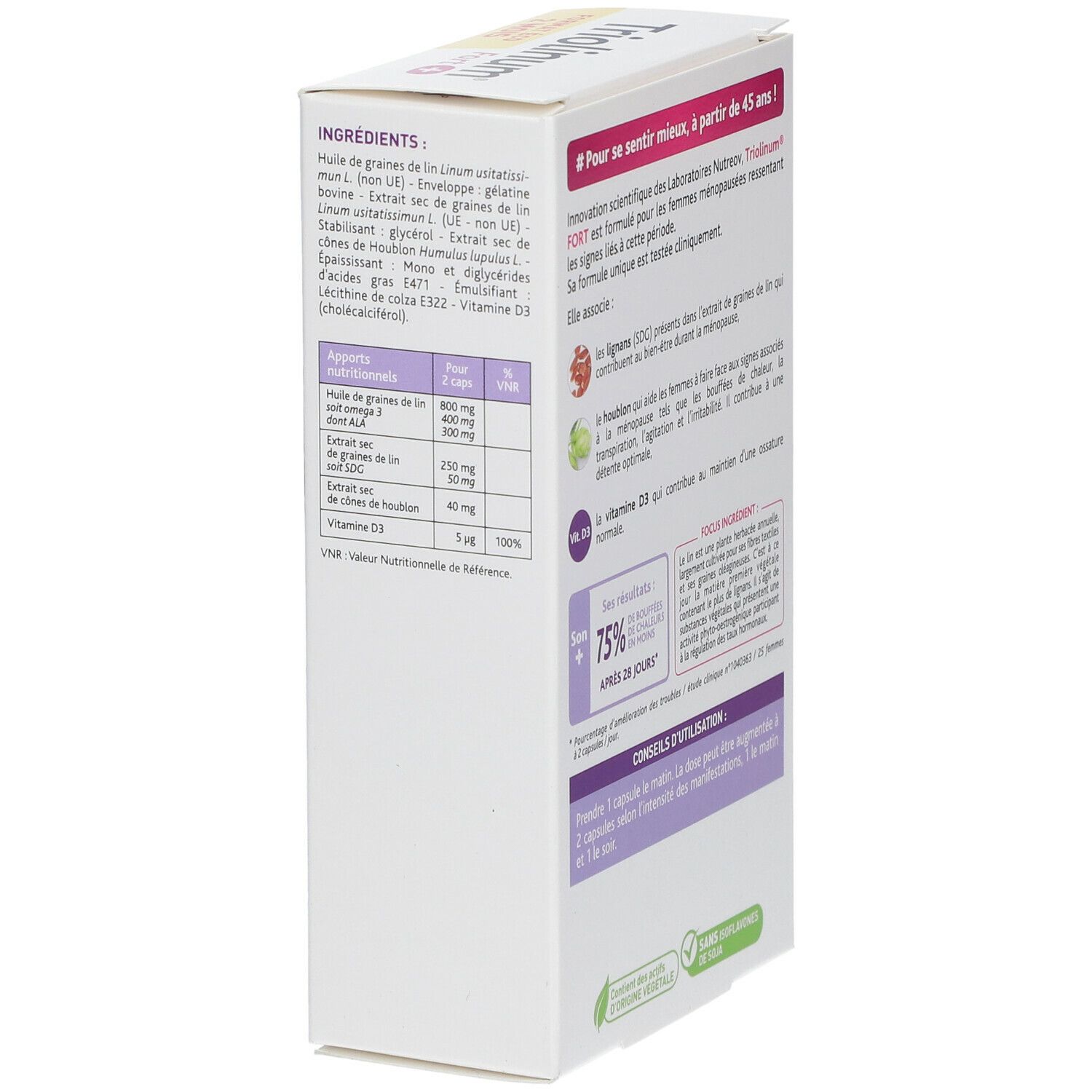 Boîte Triolinum Fort+. Vue latérale avec liste des ingrédients et tableau nutritionnel. Logo et nom du produit.