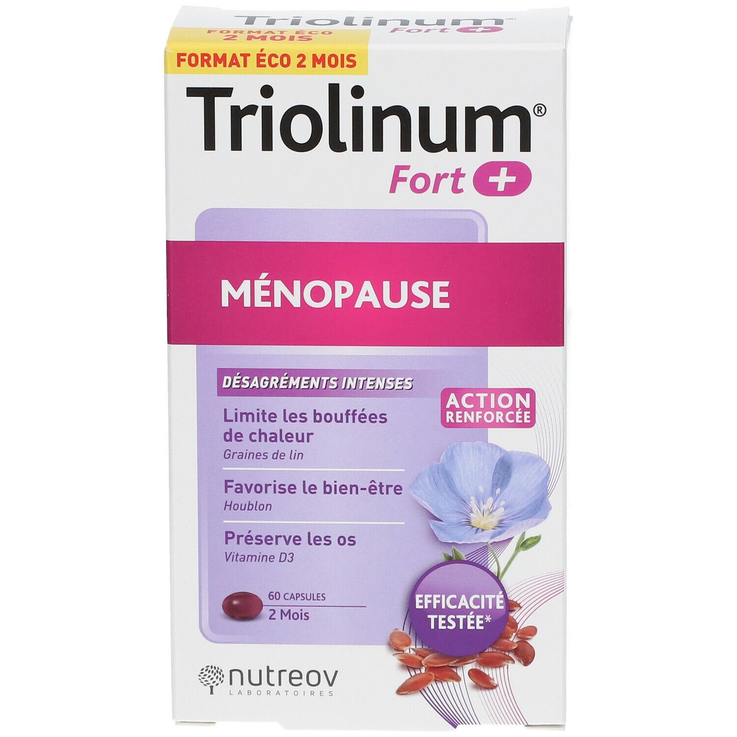 Boîte Triolinum Fort+. Produit pour la ménopause. 60 gélules. Emballage blanc et violet avec nom et logo.