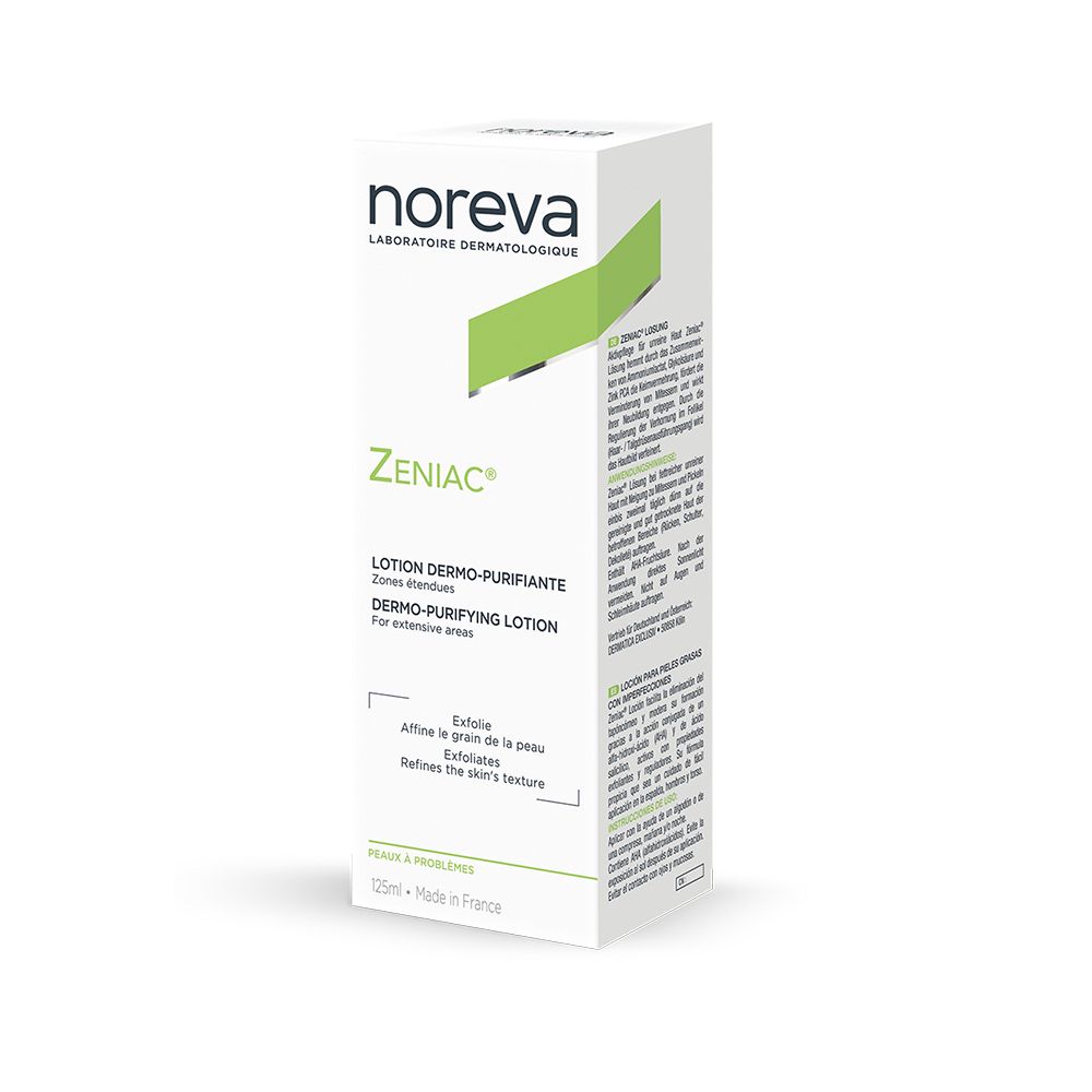 Doos met productinformatie. Opschrift: Noreva Laboratoires, Zeniac Lotion Dermo-Purifiante, 125ml.