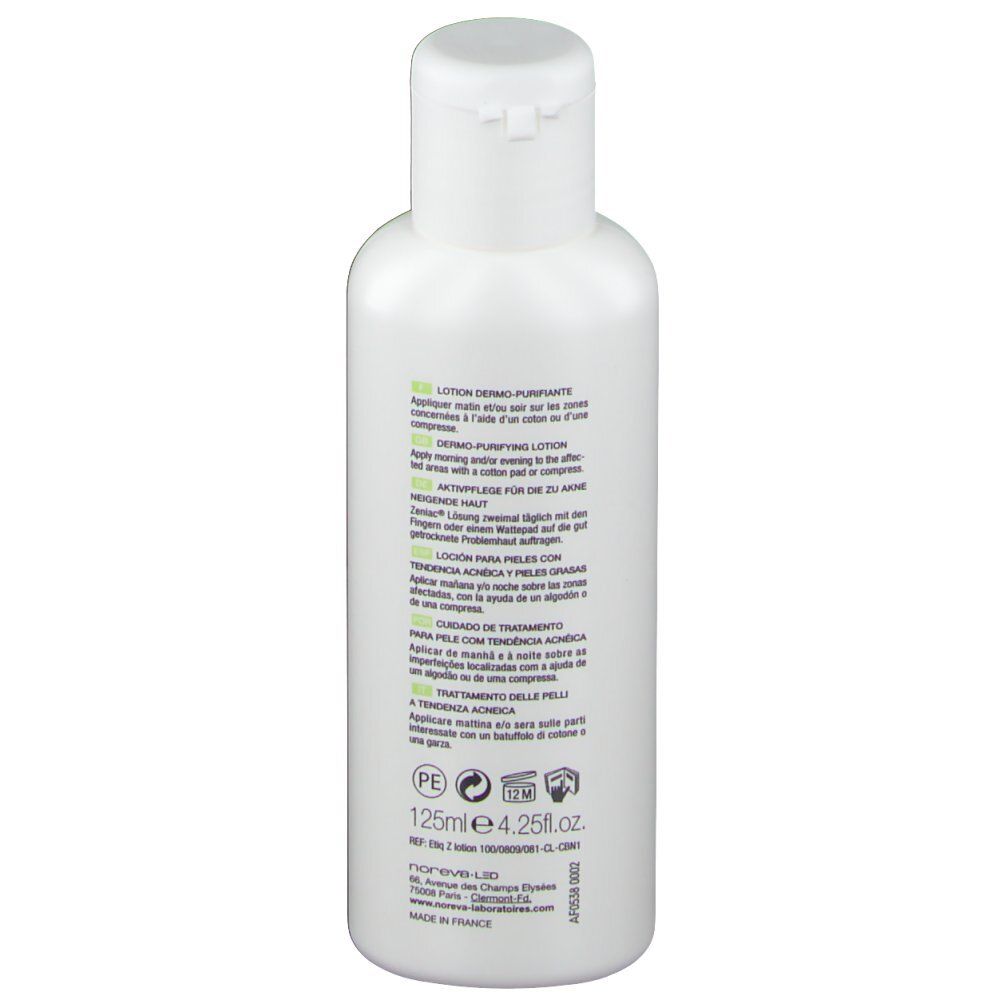 Witte fles met klapdeksel. Opschrift: Zeniac Lotion Dermo-Purifiante, 125ml.