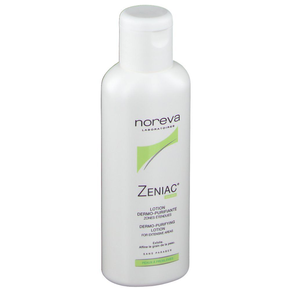 Witte fles met klapdeksel. Opschrift: Noreva, Zeniac, Lotion Dermo-Purifiante.
