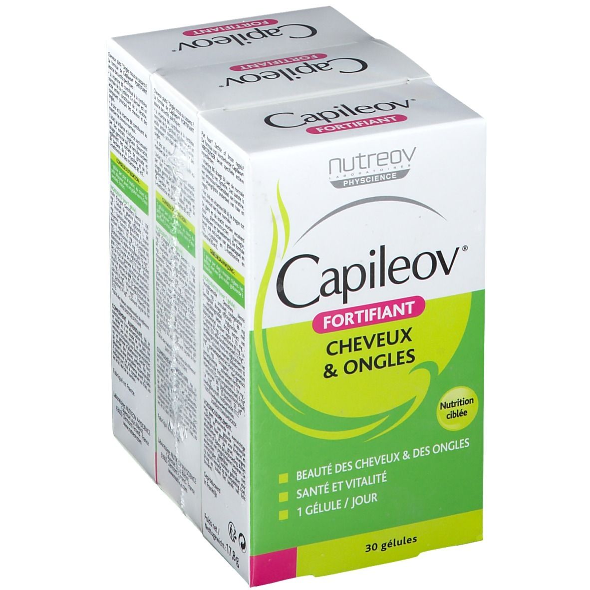 Emballage Capileov Fortifiant. Contient 3 boîtes de 30 gélules chacune. Inscription : Beauté des cheveux & des ongles, santé & vitalité.