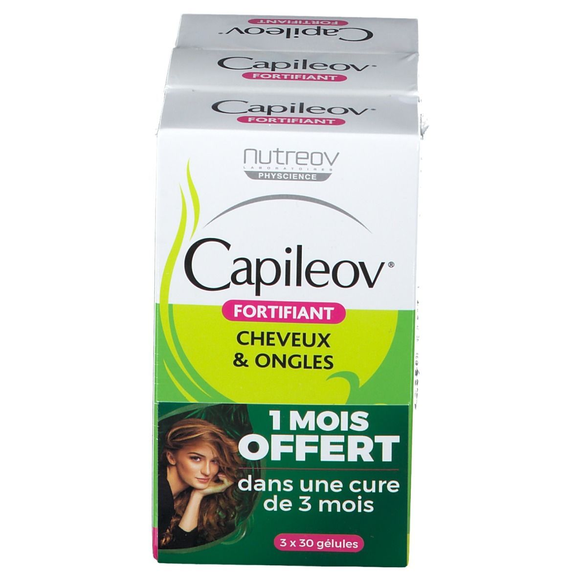 Emballage Capileov Fortifiant. Inscription : 1 mois offert dans une cure de 3 mois. Image d'une femme aux cheveux longs.