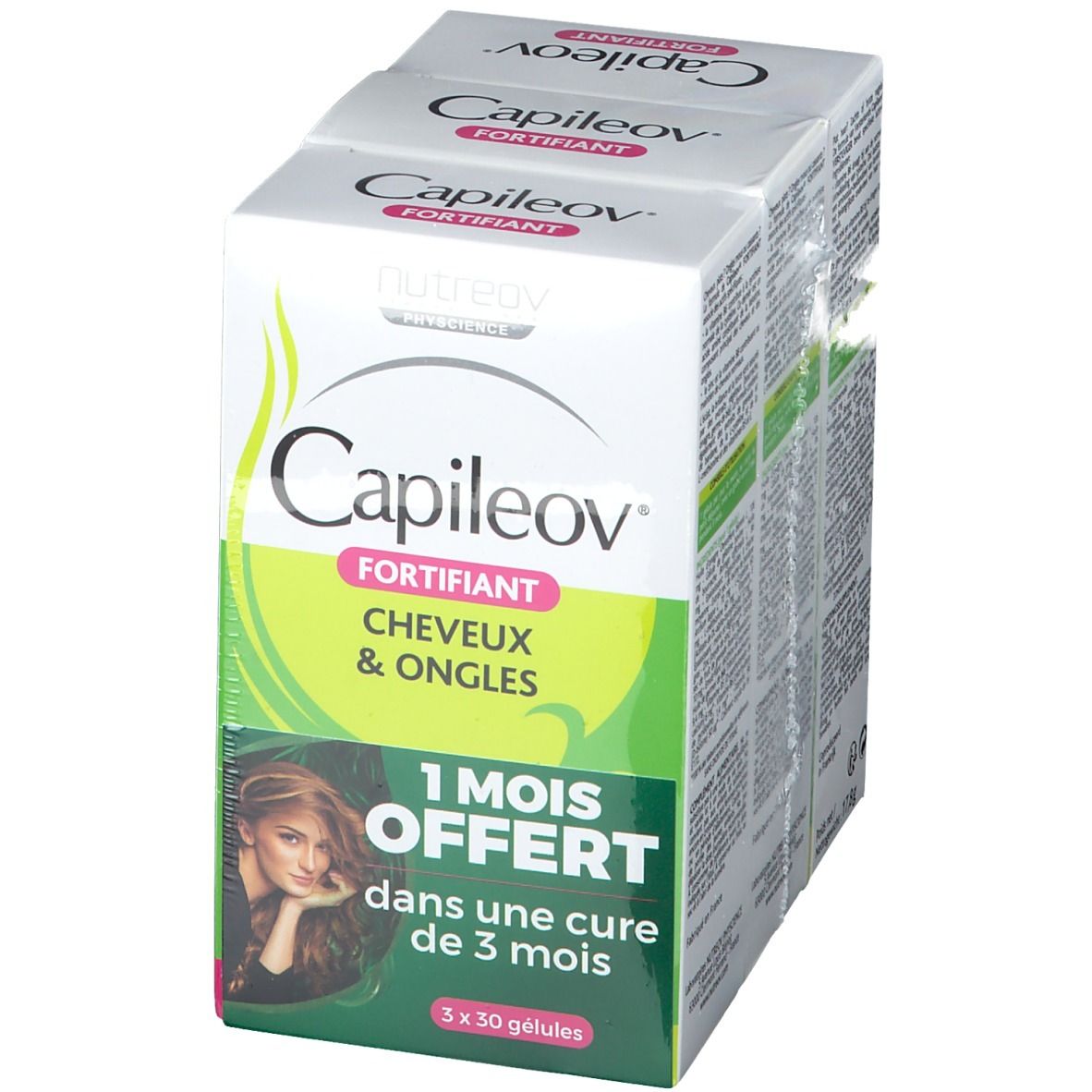 Emballage Capileov Fortifiant. Contient 3 boîtes de 30 gélules chacune. Inscription : 1 mois offert dans une cure de 3 mois.