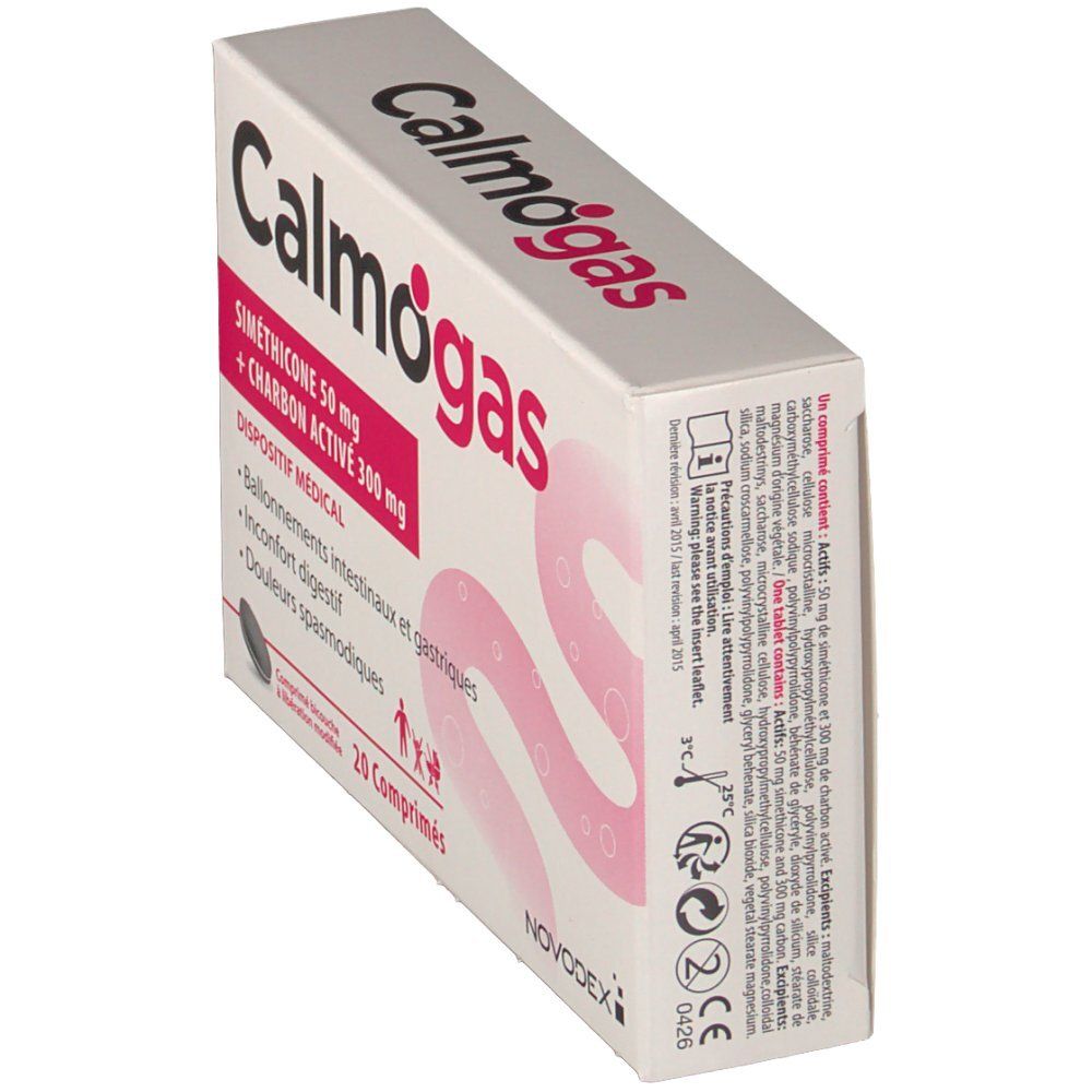 Boîte "Calmogas" en biais. Contient siméthicone et charbon actif. 20 comprimés. Dispositif médical.