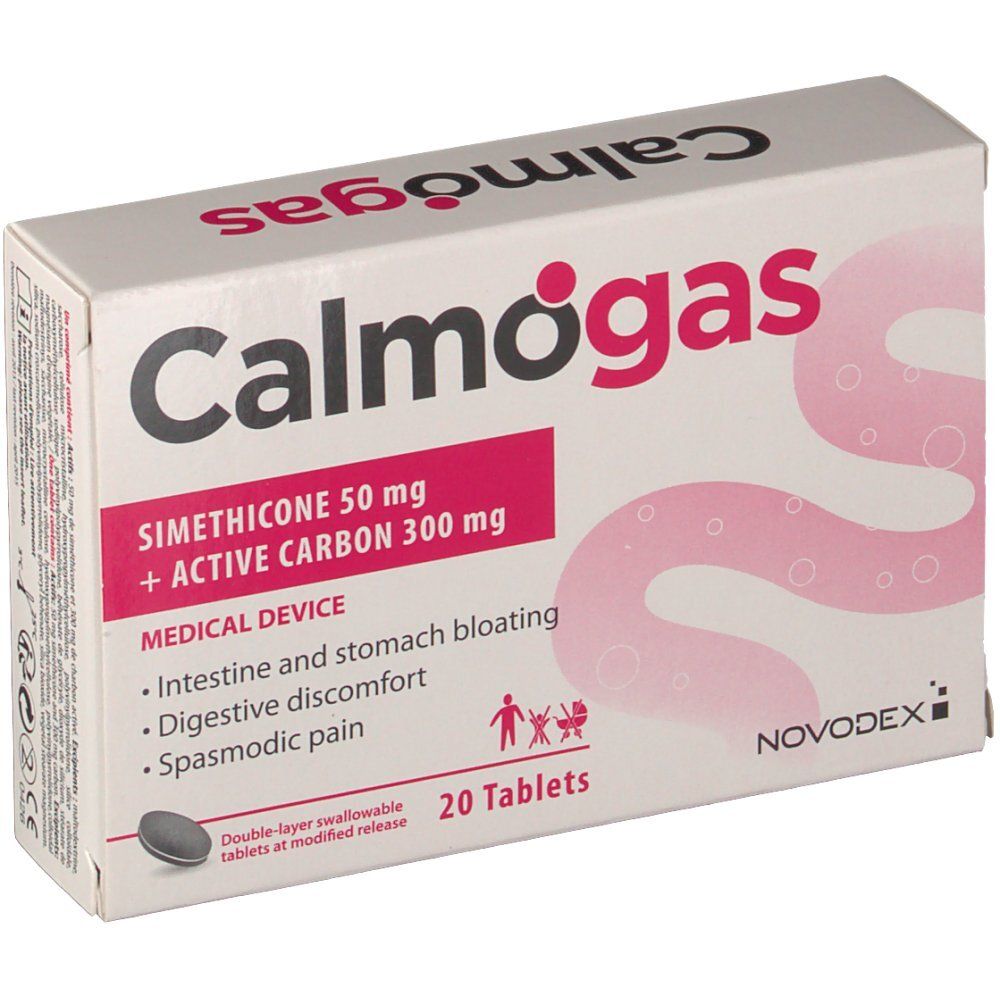 Boîte "Calmogas" avec siméthicone et charbon actif. 20 comprimés. Dispositif médical. Vue arrière.