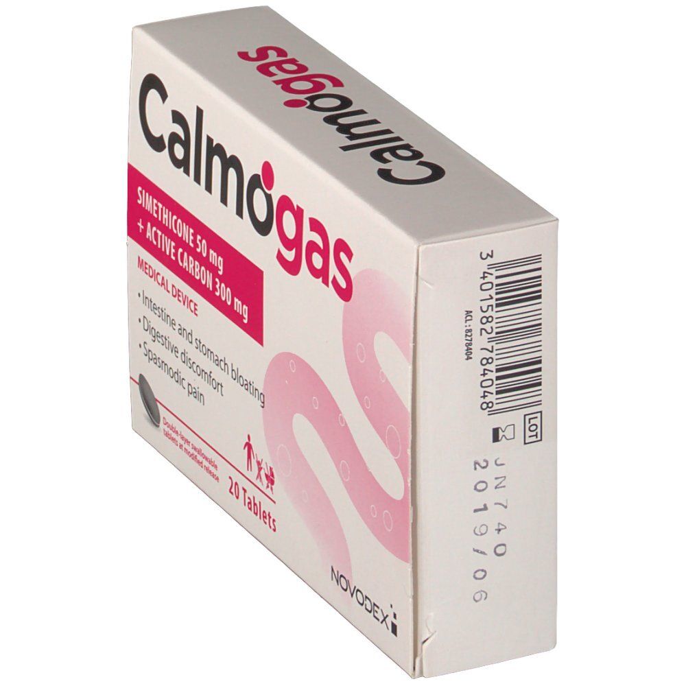 Boîte "Calmogas" en biais. Contient siméthicone et charbon actif. 20 comprimés. Dispositif médical.