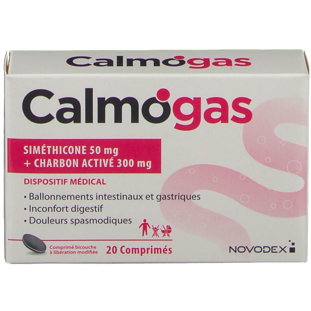 Boîte "Calmogas" avec siméthicone et charbon actif. 20 comprimés. Dispositif médical.