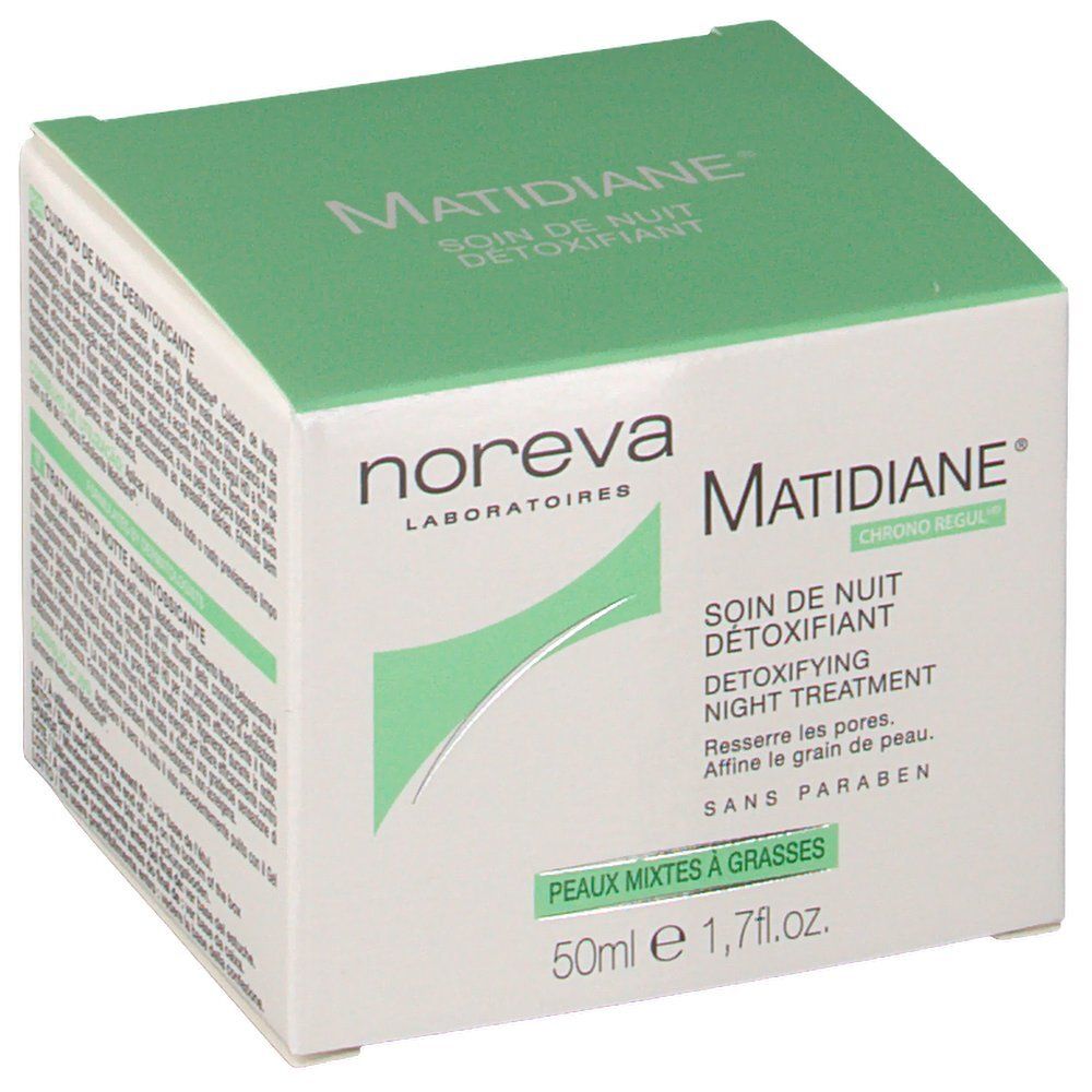 Creme-Tiegel mit weißem Deckel. Aufschrift: Matidiane, Detoxifying Night Care. Marke: Noreva.