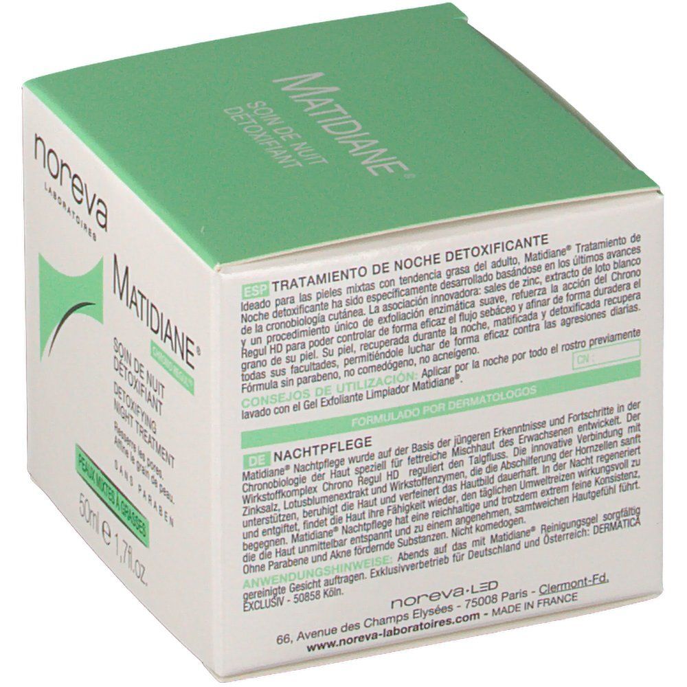 Weiße Schachtel mit Aufschrift: Matidiane, Detoxifying Night Care. Marke: Noreva. Grüne Akzente.