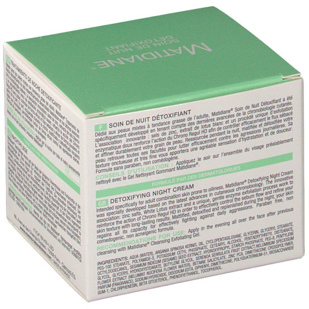 Grüne Schachtel mit Text. Aufschrift: Matidiane, Detoxifying Night Cream. Text in Englisch und Deutsch.