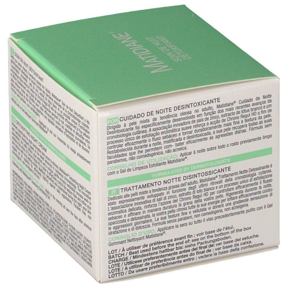 Grüne Schachtel mit Text. Aufschrift: Matidiane, Detoxifying Night Cream. Text in Englisch und Portugiesisch.