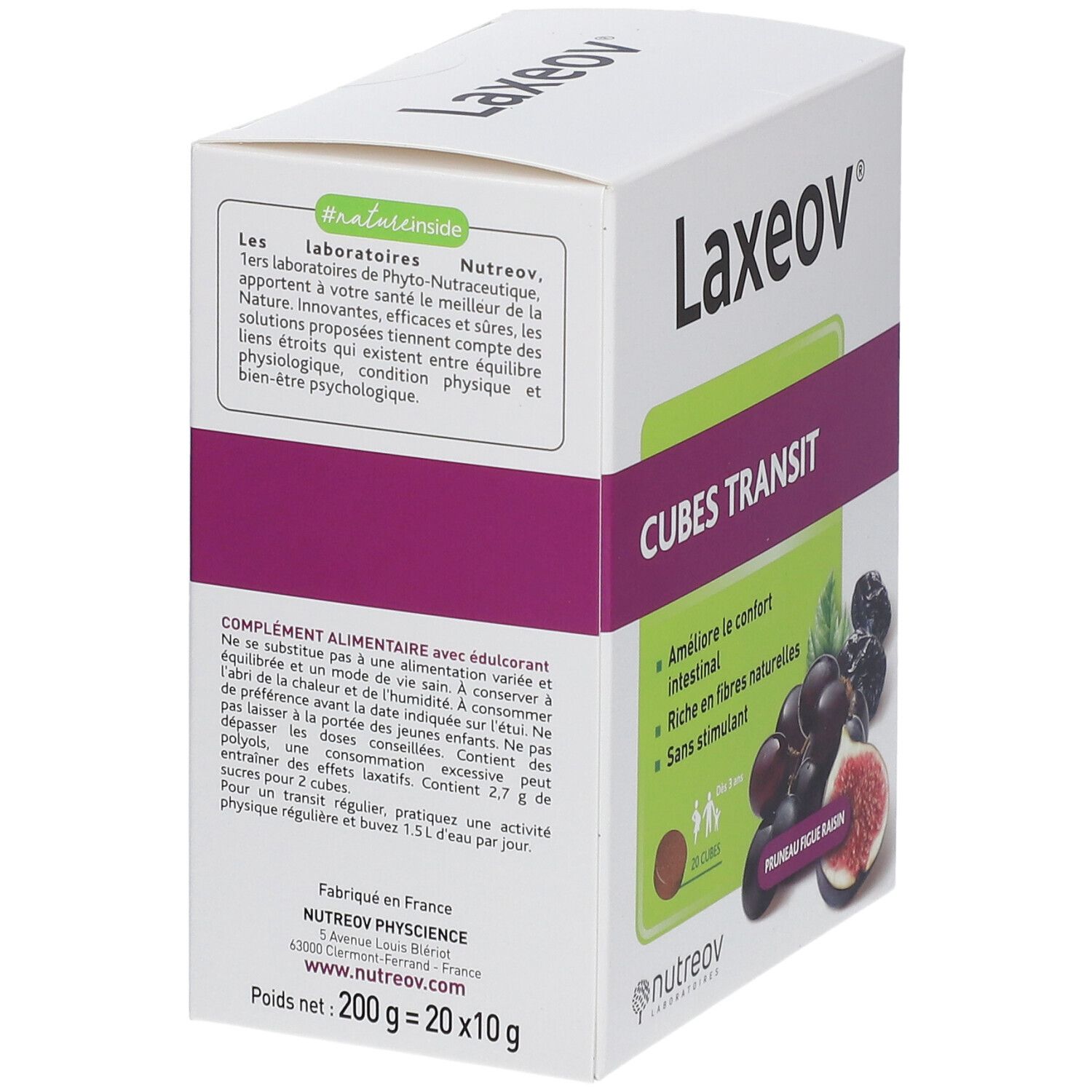 Boîte blanche "Laxeov" et "CUBES TRANSIT". Dos avec texte et illustrations. 200g. Ingrédients.