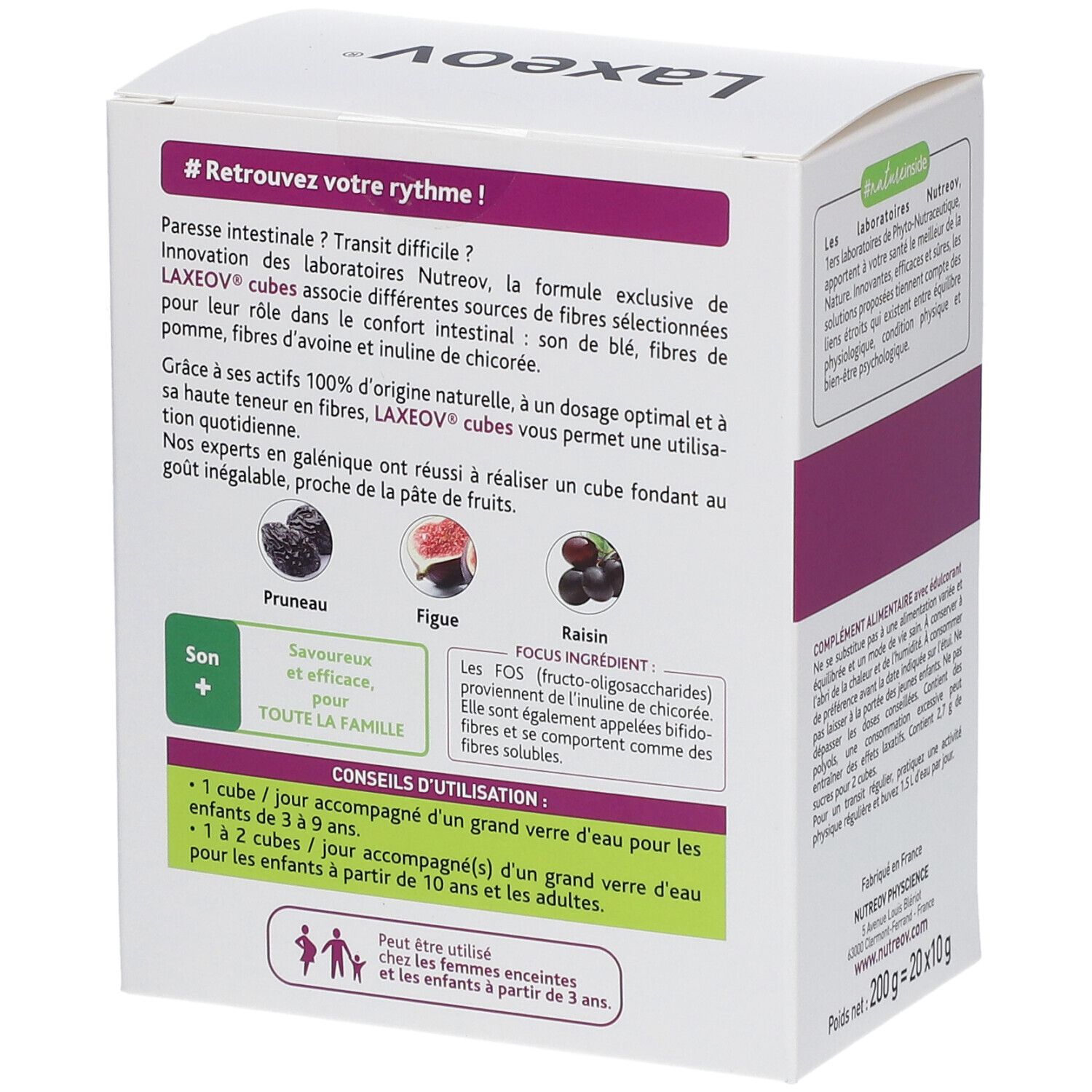 Boîte blanche "Laxeov" et "CUBES TRANSIT". Dos avec texte et illustrations. 200g. Conseils d'utilisation.